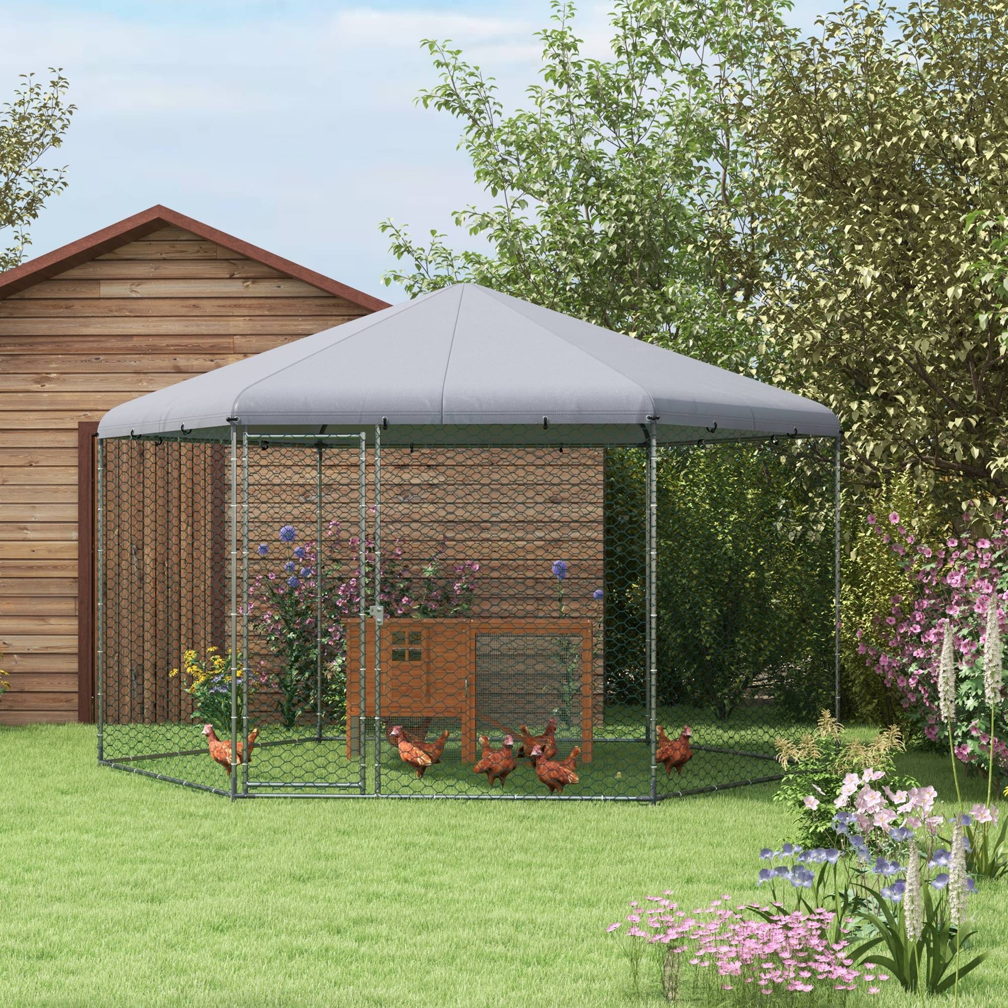 Enclos Poulailler Acier Galvanisé Extérieur 10-15 Poules Toit Bâche 10m² - ComfortXL Pet Living - Image 1