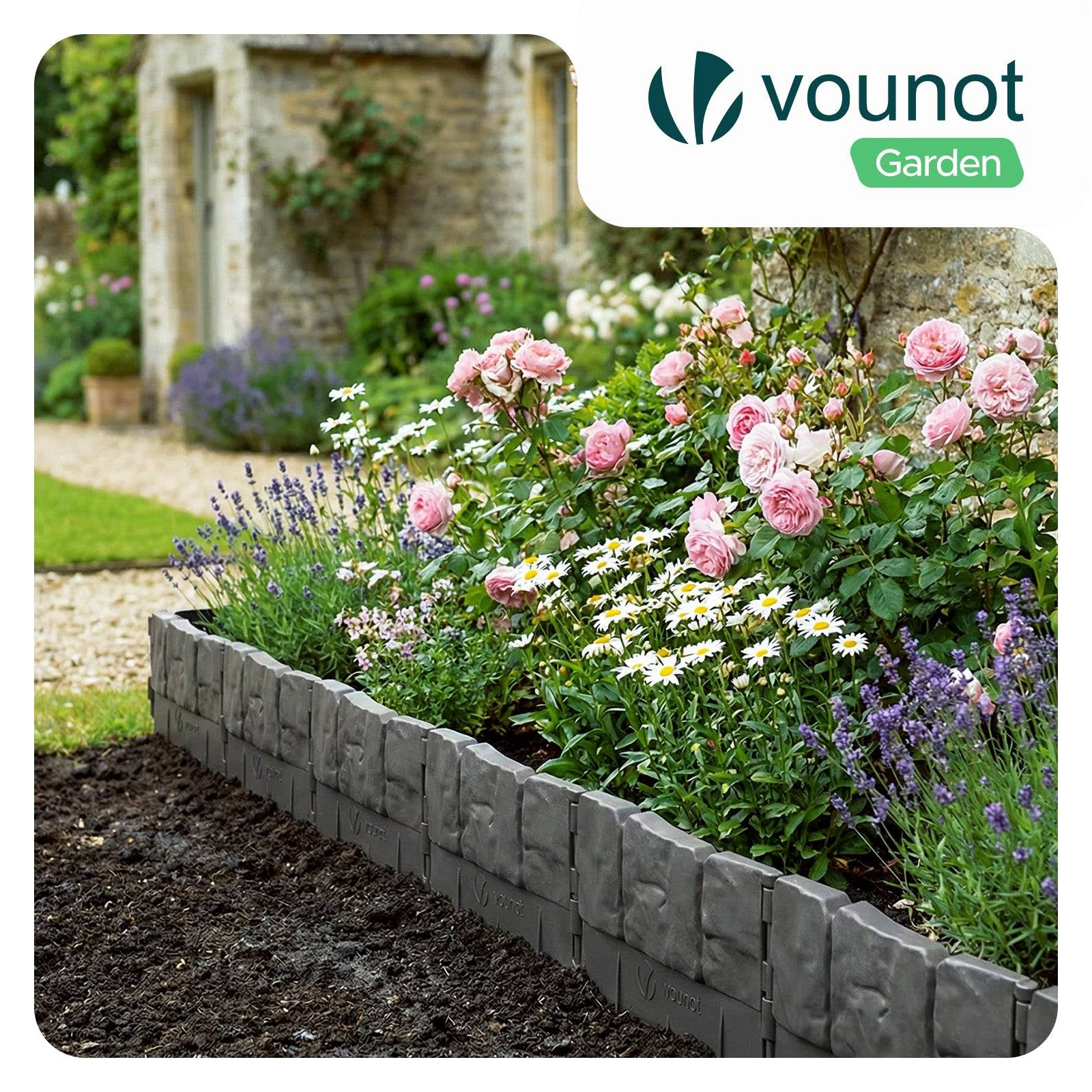 Bordure de jardin imitation pierre 10.7m gris - Hauteur 14cm - Clôture gazon décorative ultra résistant - Lot de 70 - VOUNOT® - Image 2