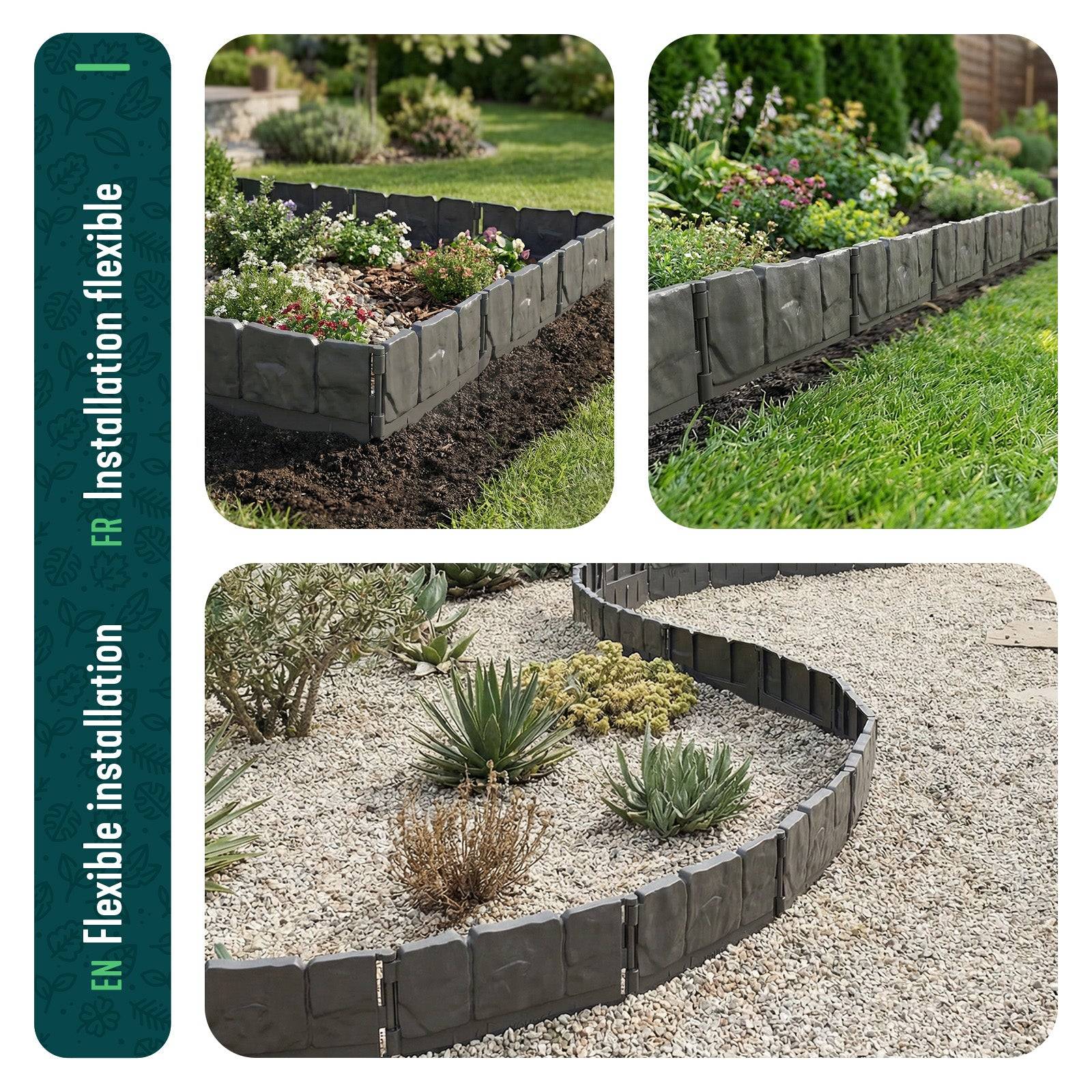 Bordure de jardin imitation pierre 10.7m gris - Hauteur 14cm - Clôture gazon décorative ultra résistant - Lot de 70 - VOUNOT® - Image 7