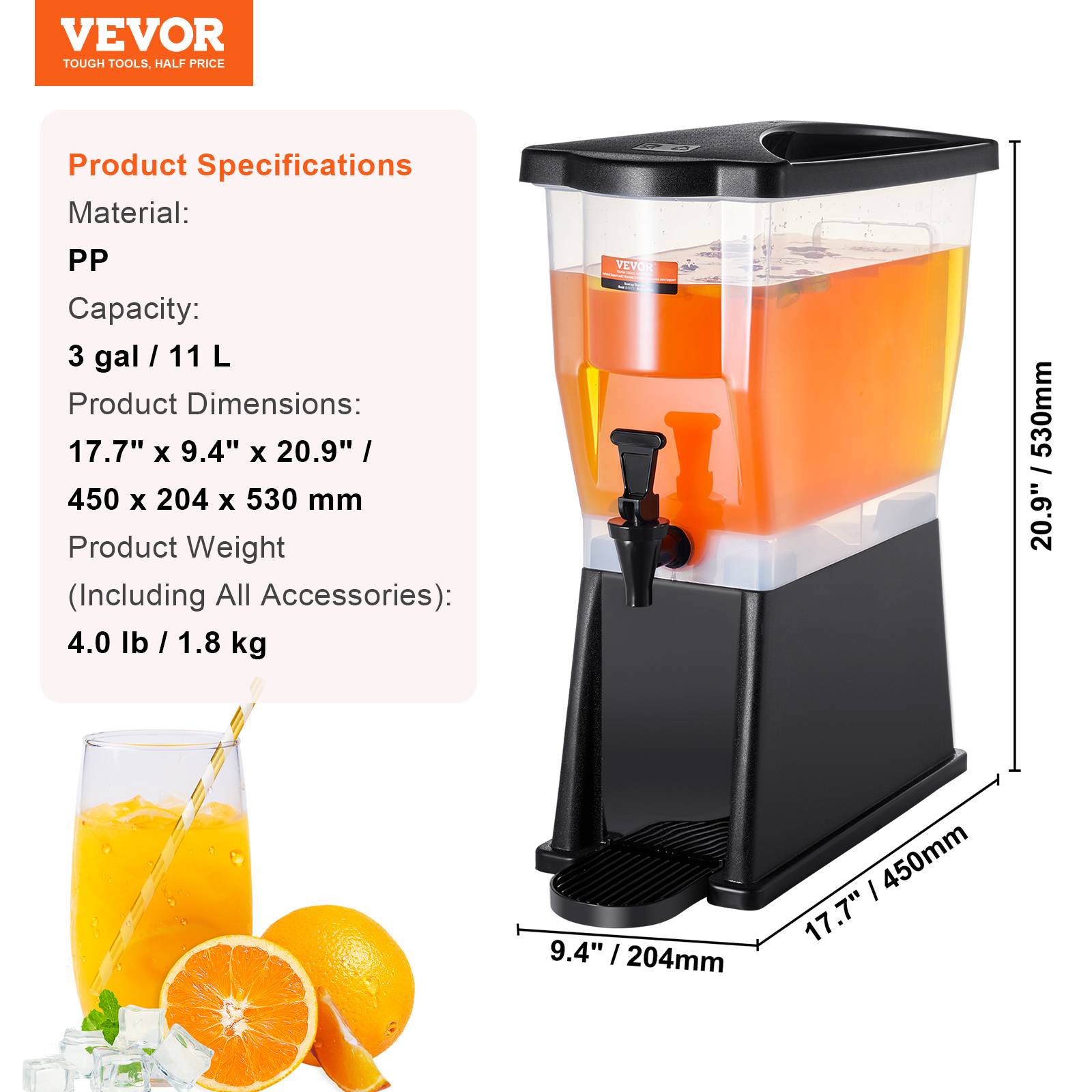 VEVOR Distributeur boissons 11 L, plastique, robinet, couvercle. Jus, limonade. - Image 7