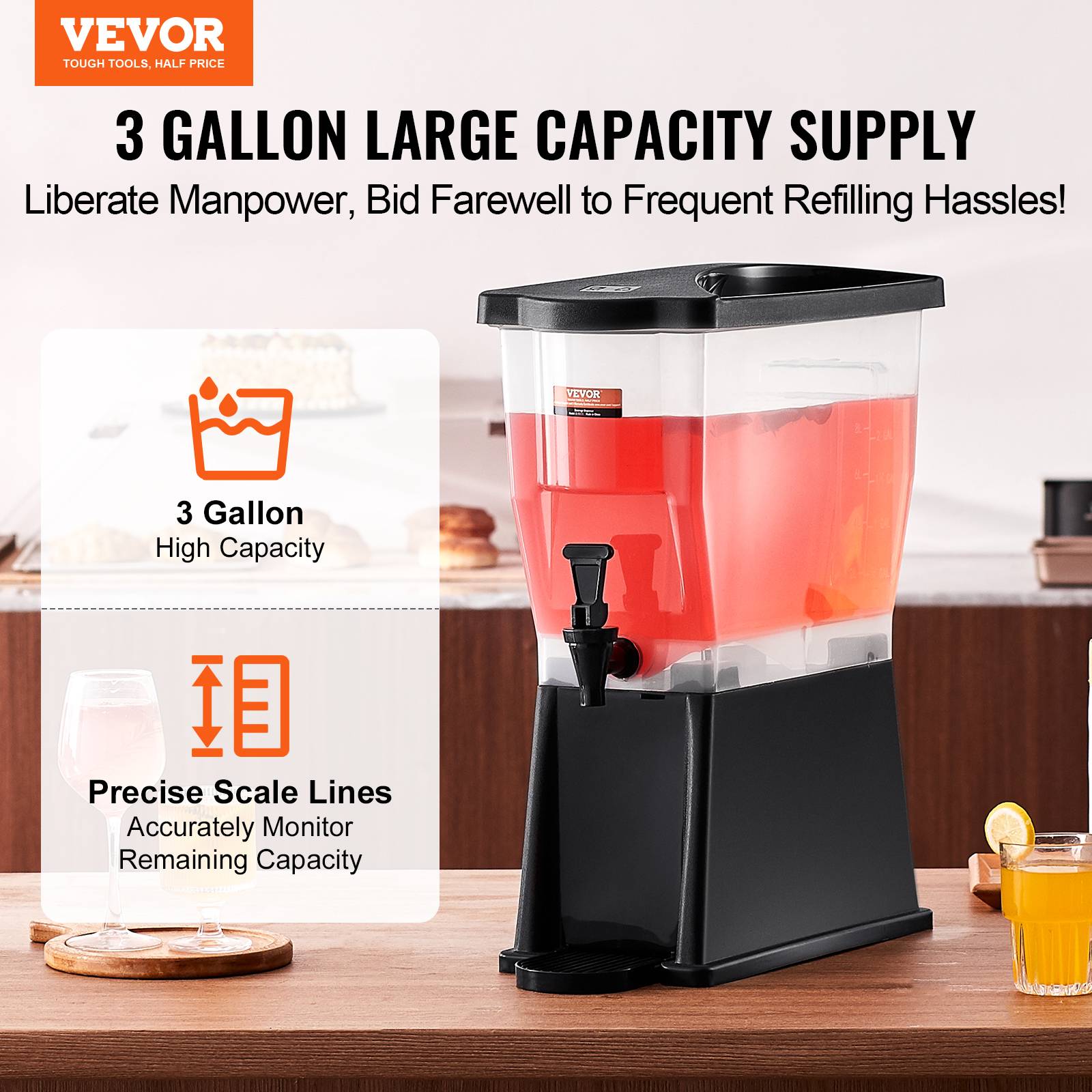 VEVOR Distributeur boissons 11 L, plastique, robinet, couvercle. Jus, limonade. - Image 2