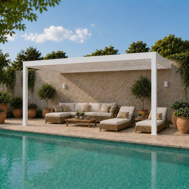 Pergola Bioclimatique Aluminium Adossée Motorisée Éclairée 5x3,5 Blanc SV ORIAL France - Image 1