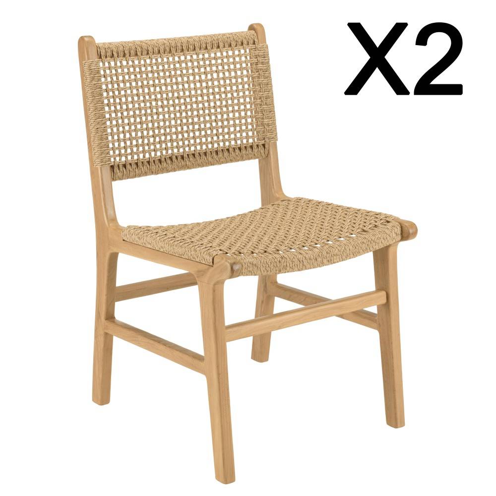 Macabane - VALERIA - Lot de 2 chaises jardin en bois de teck naturel rotin beige - Imagen 10