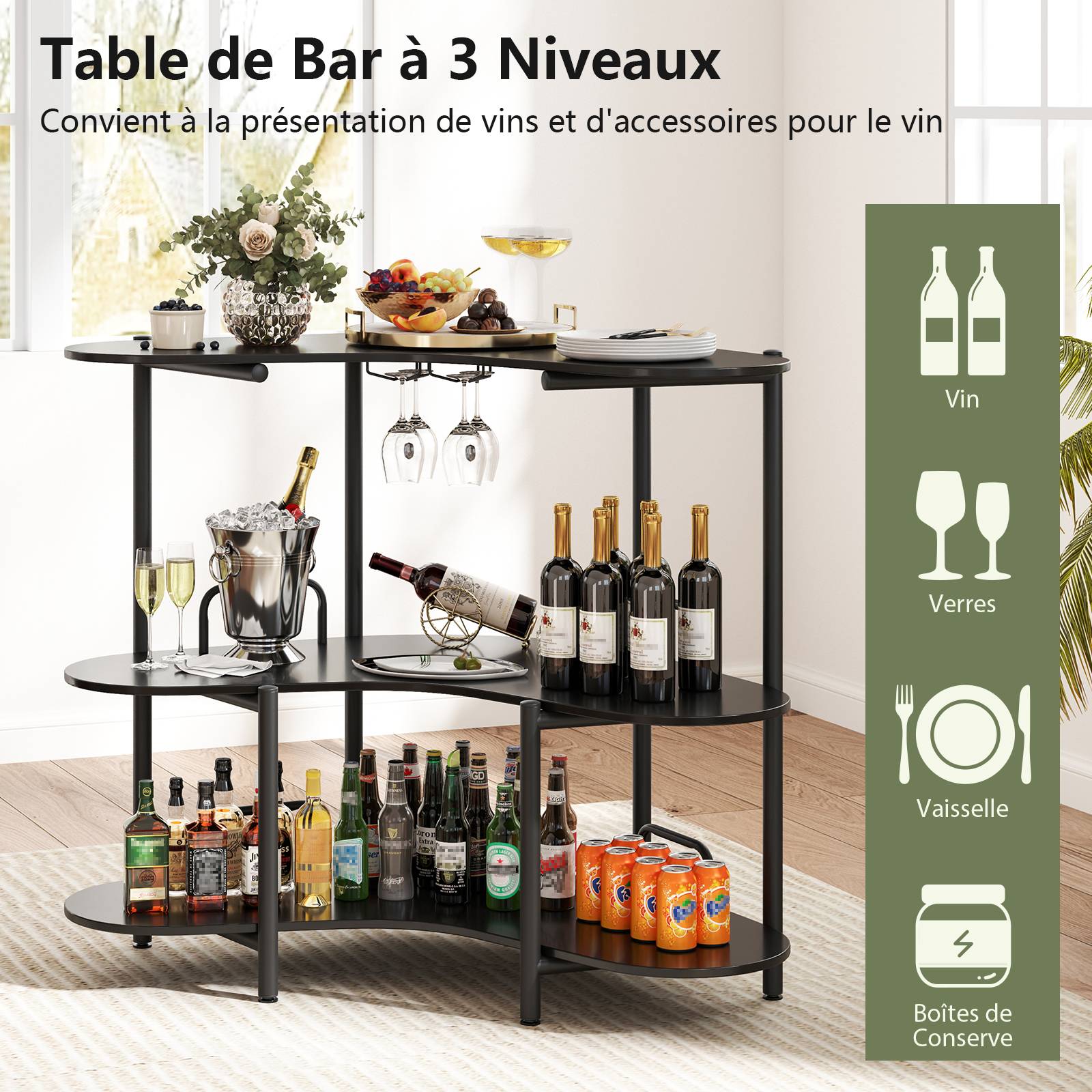 Table de Bar à Liqueur à 3 Niveaux avec Supports à Verres à Pied et Etagères de Rangement, pour Cuisine, Bar, 120 x 66 x 102 cm, Noir - Image 5