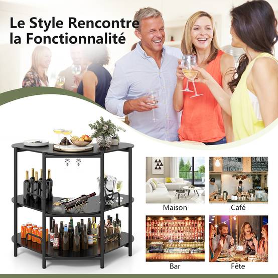 Table de Bar à Liqueur à 3 Niveaux avec Supports à Verres à Pied et Etagères de Rangement, pour Cuisine, Bar, 120 x 66 x 102 cm, Noir - Image 2