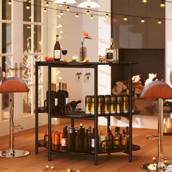 Table de Bar à Liqueur à 3 Niveaux avec Supports à Verres à Pied et Etagères de Rangement, pour Cuisine, Bar, 120 x 66 x 102 cm, Noir - Image 7