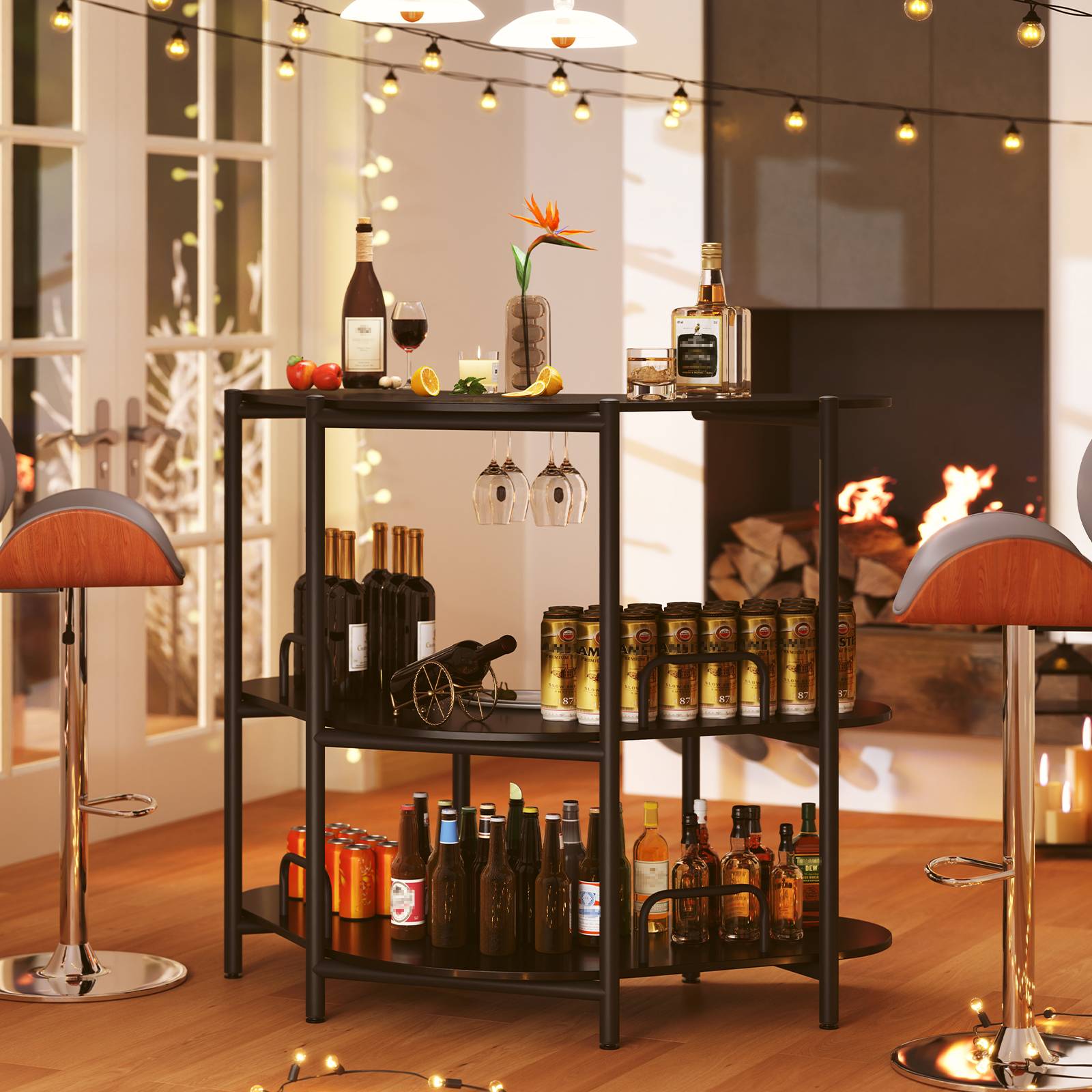 Table de Bar à Liqueur à 3 Niveaux avec Supports à Verres à Pied et Etagères de Rangement, pour Cuisine, Bar, 120 x 66 x 102 cm, Noir - Image 7