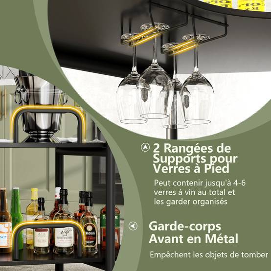 Table de Bar à Liqueur à 3 Niveaux avec Supports à Verres à Pied et Etagères de Rangement, pour Cuisine, Bar, 120 x 66 x 102 cm, Noir - Image 6