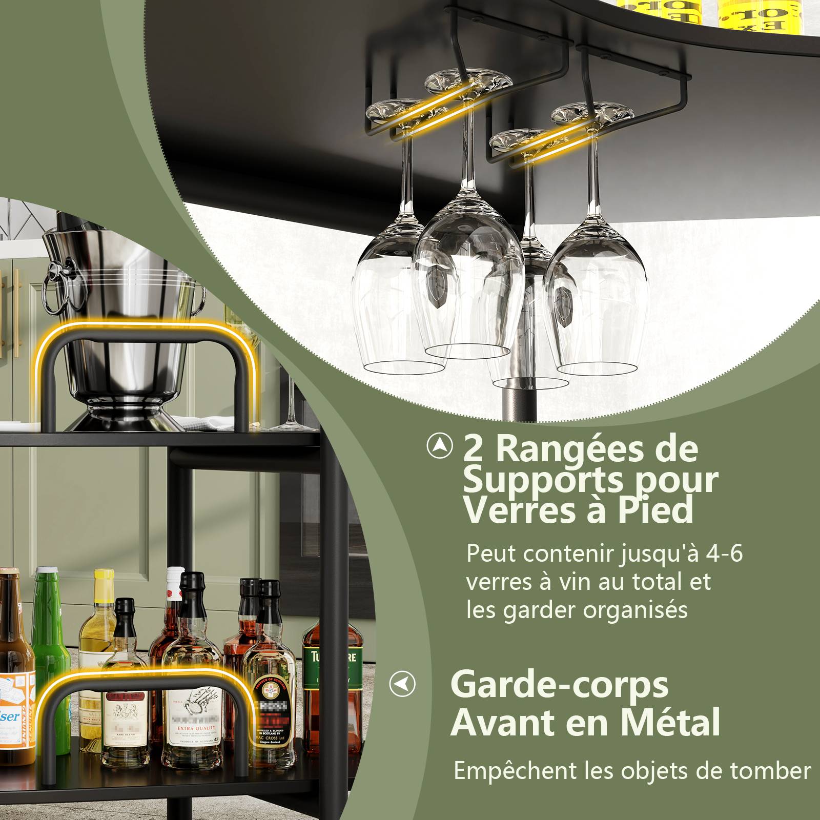 Table de Bar à Liqueur à 3 Niveaux avec Supports à Verres à Pied et Etagères de Rangement, pour Cuisine, Bar, 120 x 66 x 102 cm, Noir - Image 6