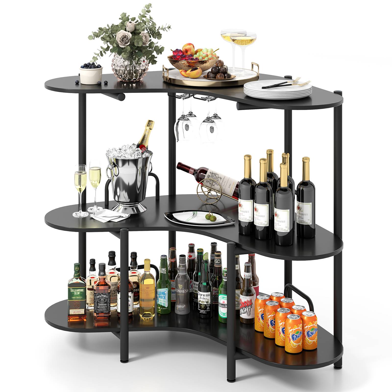 Table de Bar à Liqueur à 3 Niveaux avec Supports à Verres à Pied et Etagères de Rangement, pour Cuisine, Bar, 120 x 66 x 102 cm, Noir - Image 1
