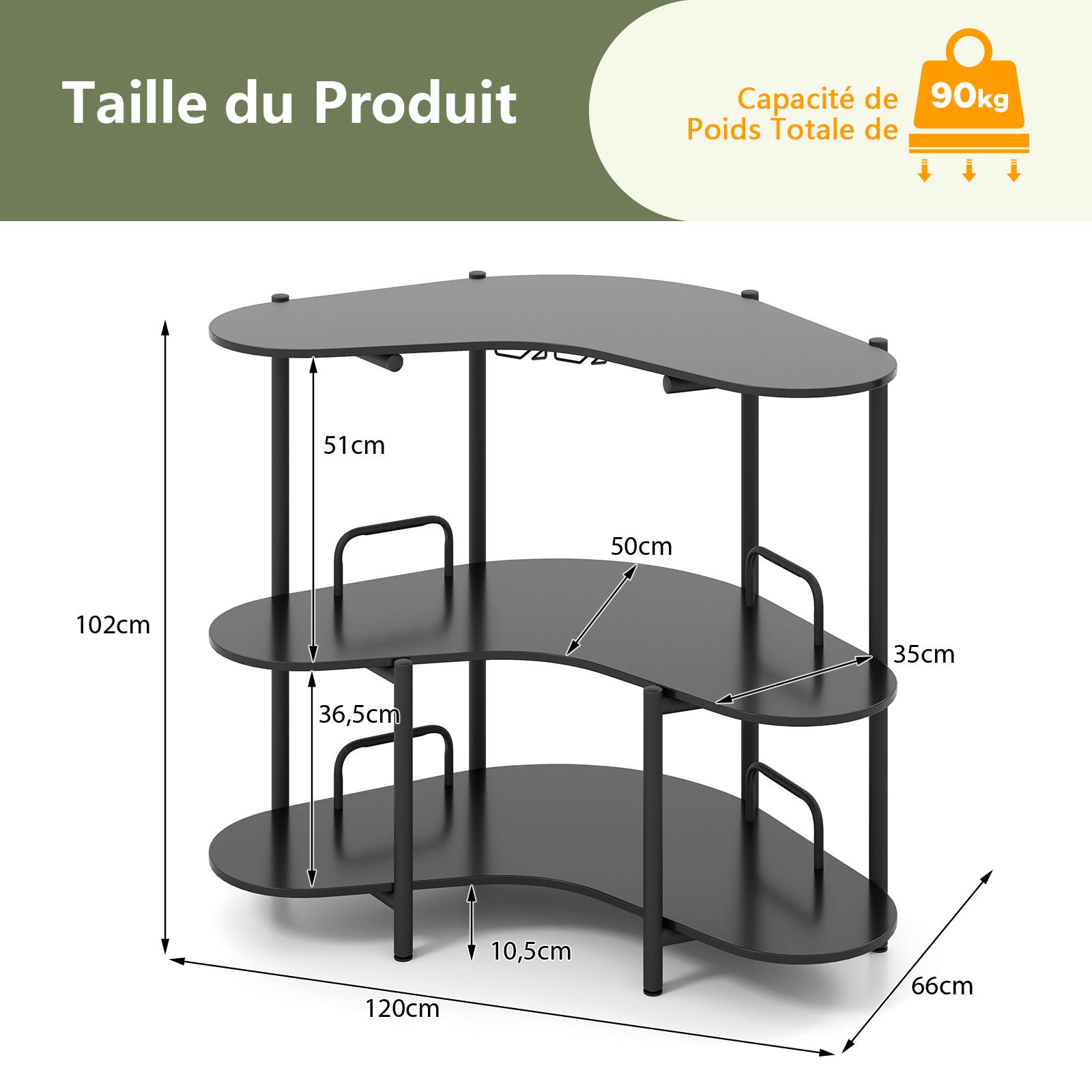 Table de Bar à Liqueur à 3 Niveaux avec Supports à Verres à Pied et Etagères de Rangement, pour Cuisine, Bar, 120 x 66 x 102 cm, Noir - Image 3