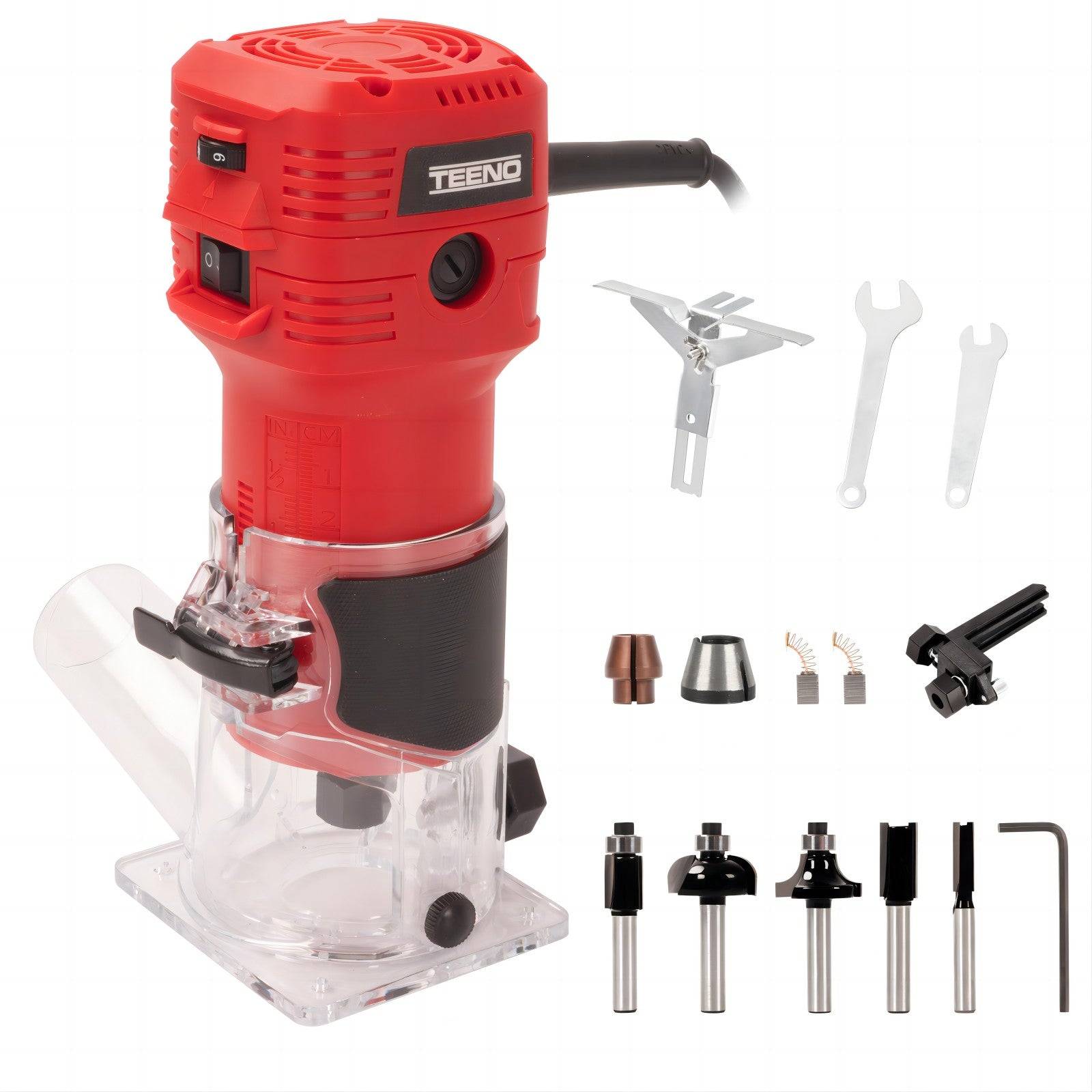 Affleureuse Électrique 650W 15000-32000 RPM Avec Housse Anti Poussière, Affleureuse à Bois Avec 5 Fraises Queue de 1/4", 6 Vitesses Variables, Base - Image 1