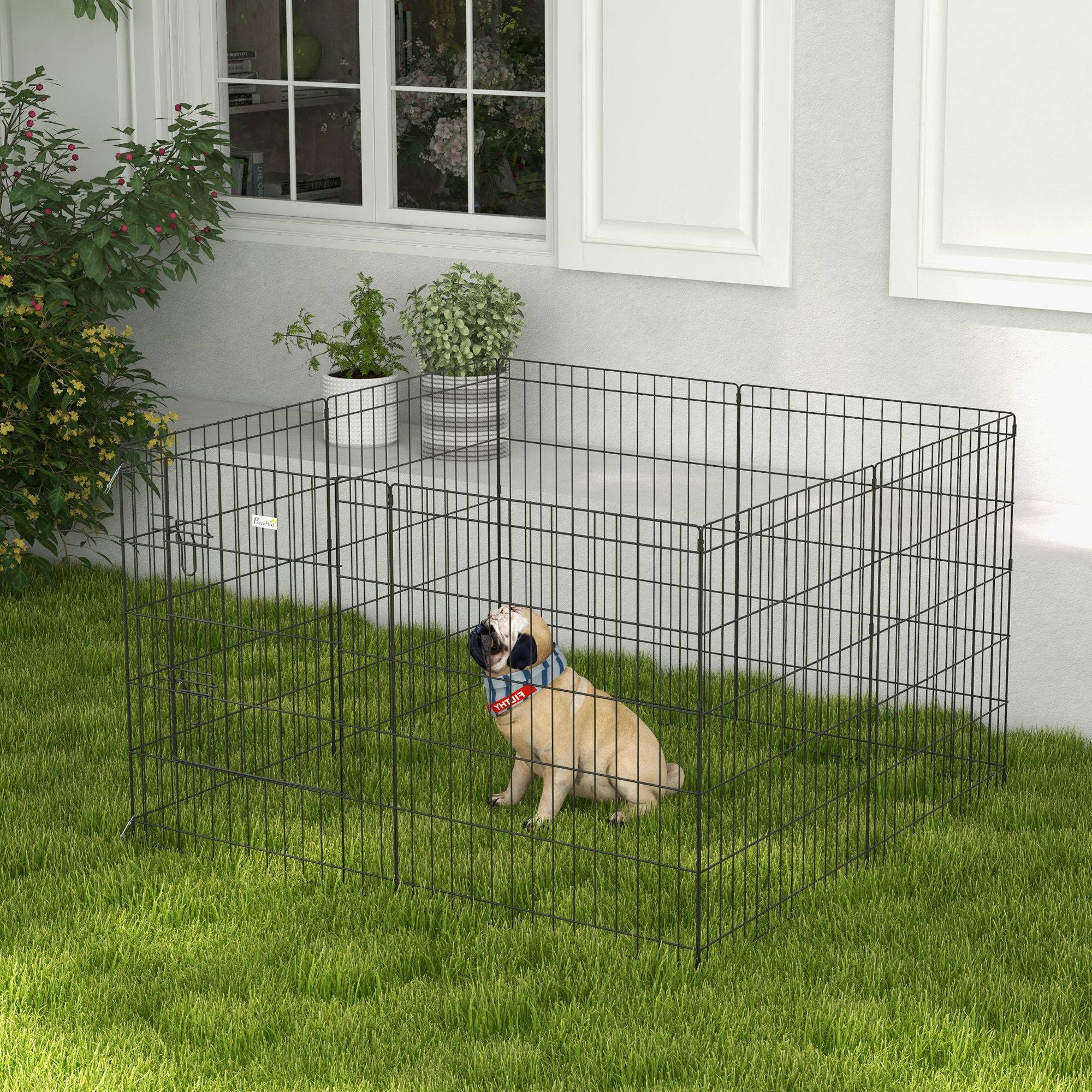 Parc pour chien 8 panneaux 76 x 61 cm, forme personnalisée, avec porte et double verrouillage, pour jardin ou terrasse, noir - Image 3