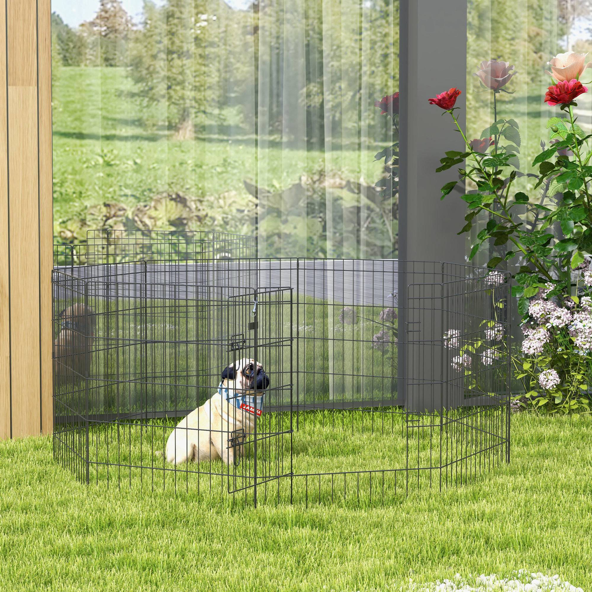 Parc pour chien 8 panneaux 76 x 61 cm, forme personnalisée, avec porte et double verrouillage, pour jardin ou terrasse, noir - Image 4