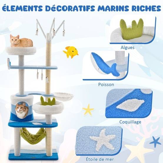 Arbre à chat sur le thème de l'océan tour à plusieurs niveaux griffoirs en sisal condo perchoir hamac plates-formes jouets suspendus 165 cm bleu - Image 2