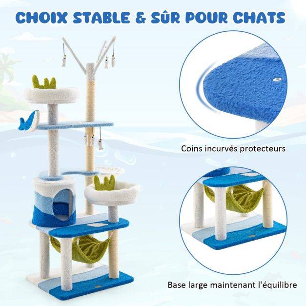 Arbre à chat sur le thème de l'océan tour à plusieurs niveaux griffoirs en sisal condo perchoir hamac plates-formes jouets suspendus 165 cm bleu - Image 3