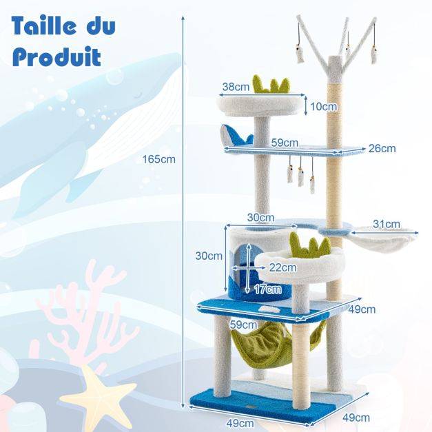 Arbre à chat sur le thème de l'océan tour à plusieurs niveaux griffoirs en sisal condo perchoir hamac plates-formes jouets suspendus 165 cm bleu - Image 4