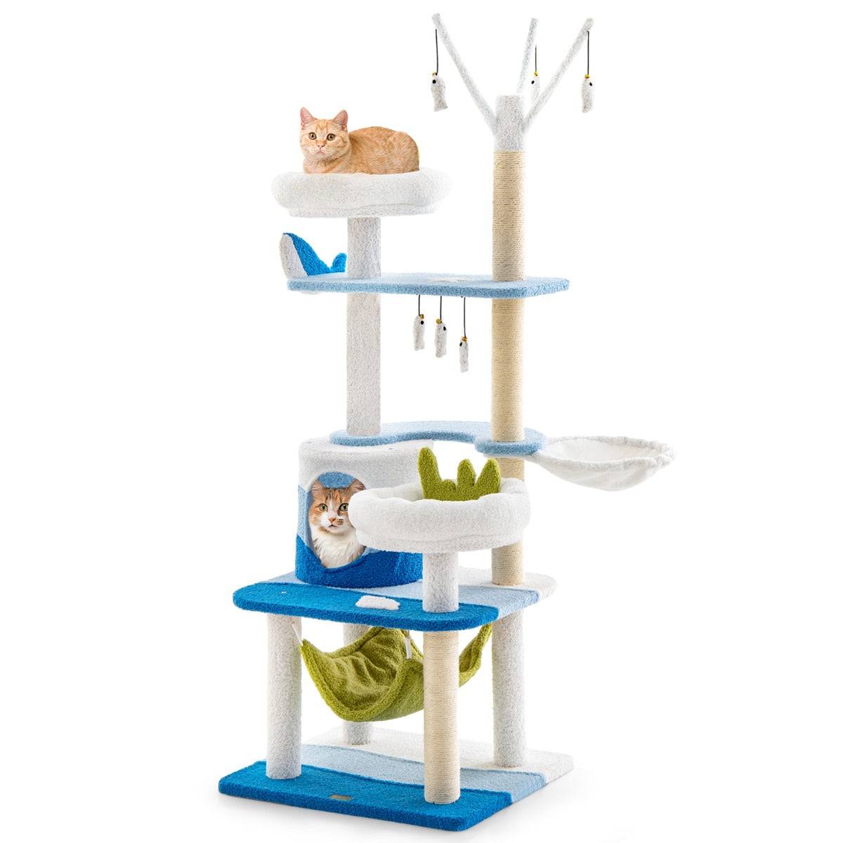 Arbre à chat sur le thème de l'océan tour à plusieurs niveaux griffoirs en sisal condo perchoir hamac plates-formes jouets suspendus 165 cm bleu - Image 1