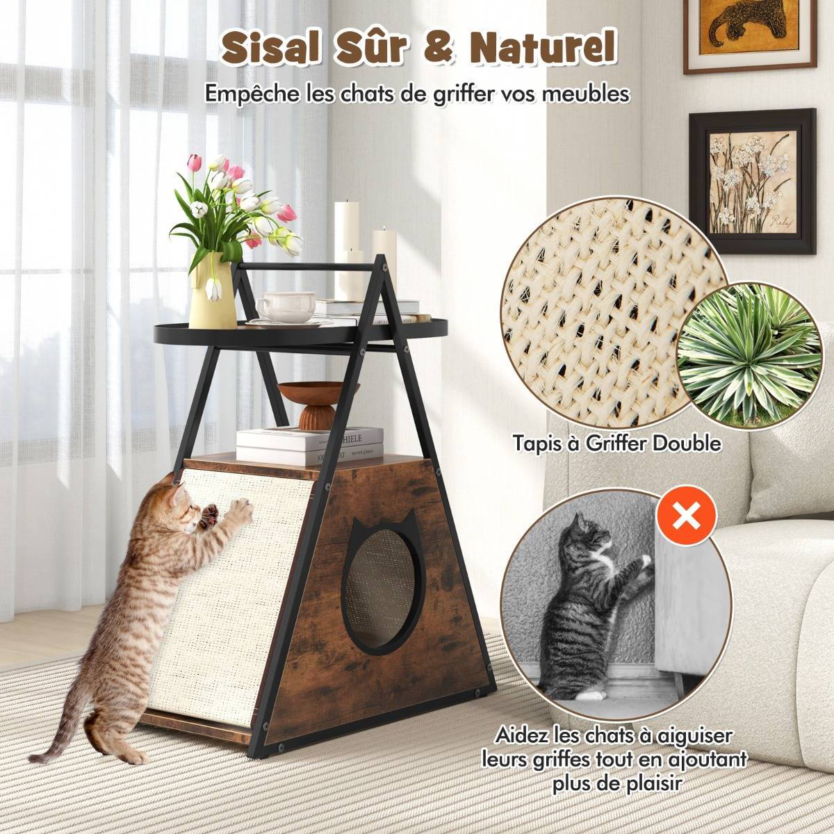 Meuble pour Chat Armoire Cachée avec Niche pour Chat et Table d'Appoint Table de Nuit pour Chat avec Étagère Ouverte à 2 Niveaux - Image 8