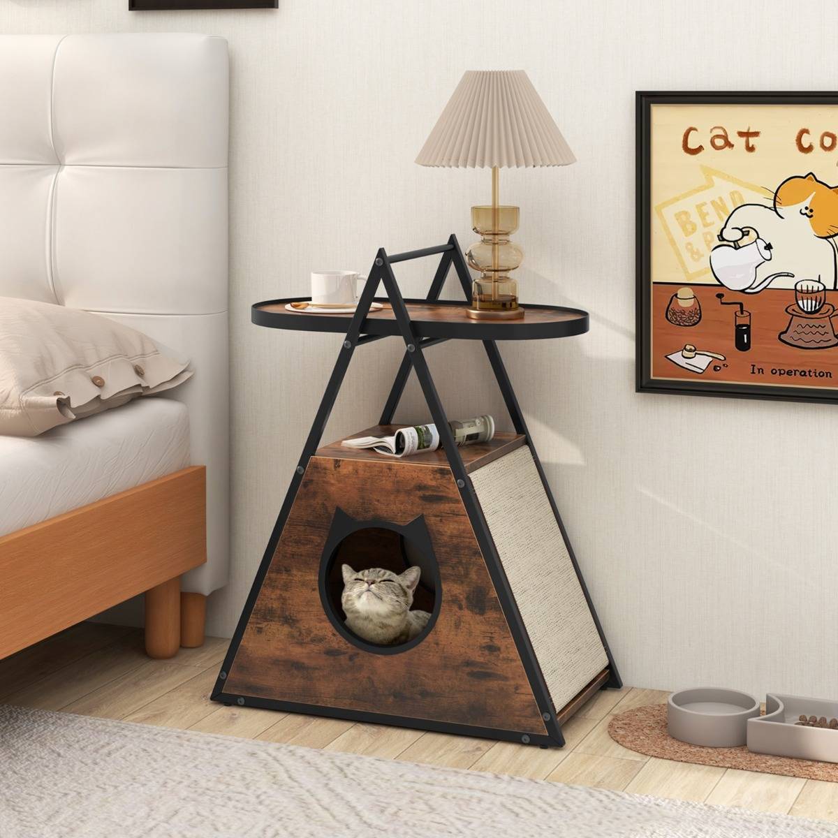 Meuble pour Chat Armoire Cachée avec Niche pour Chat et Table d'Appoint Table de Nuit pour Chat avec Étagère Ouverte à 2 Niveaux - Image 3