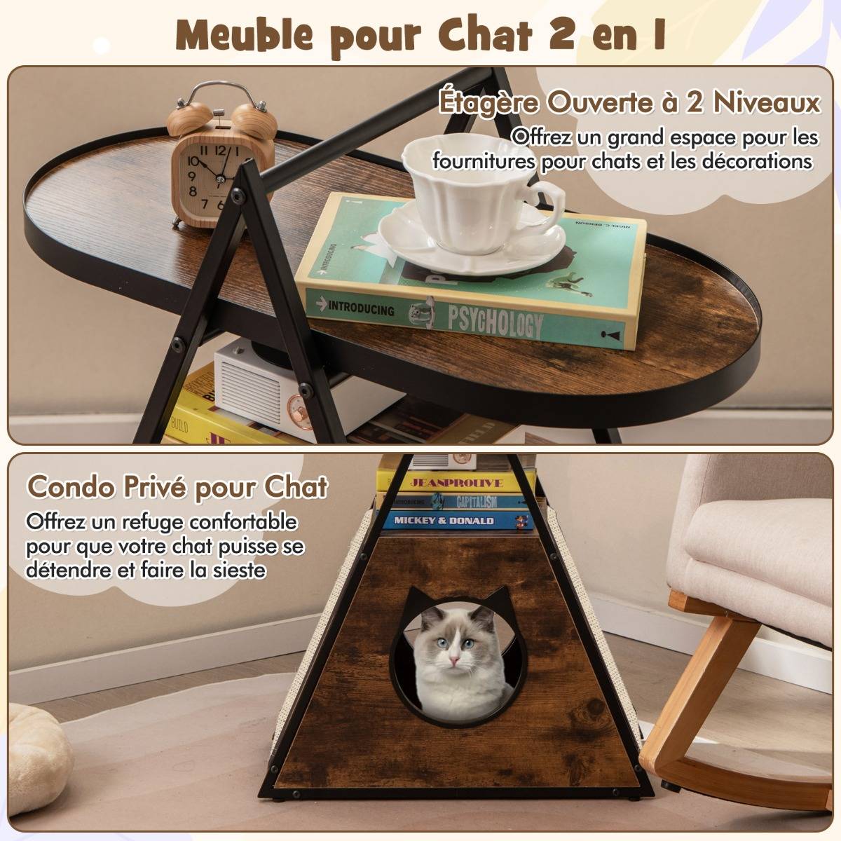 Meuble pour Chat Armoire Cachée avec Niche pour Chat et Table d'Appoint Table de Nuit pour Chat avec Étagère Ouverte à 2 Niveaux - Image 7