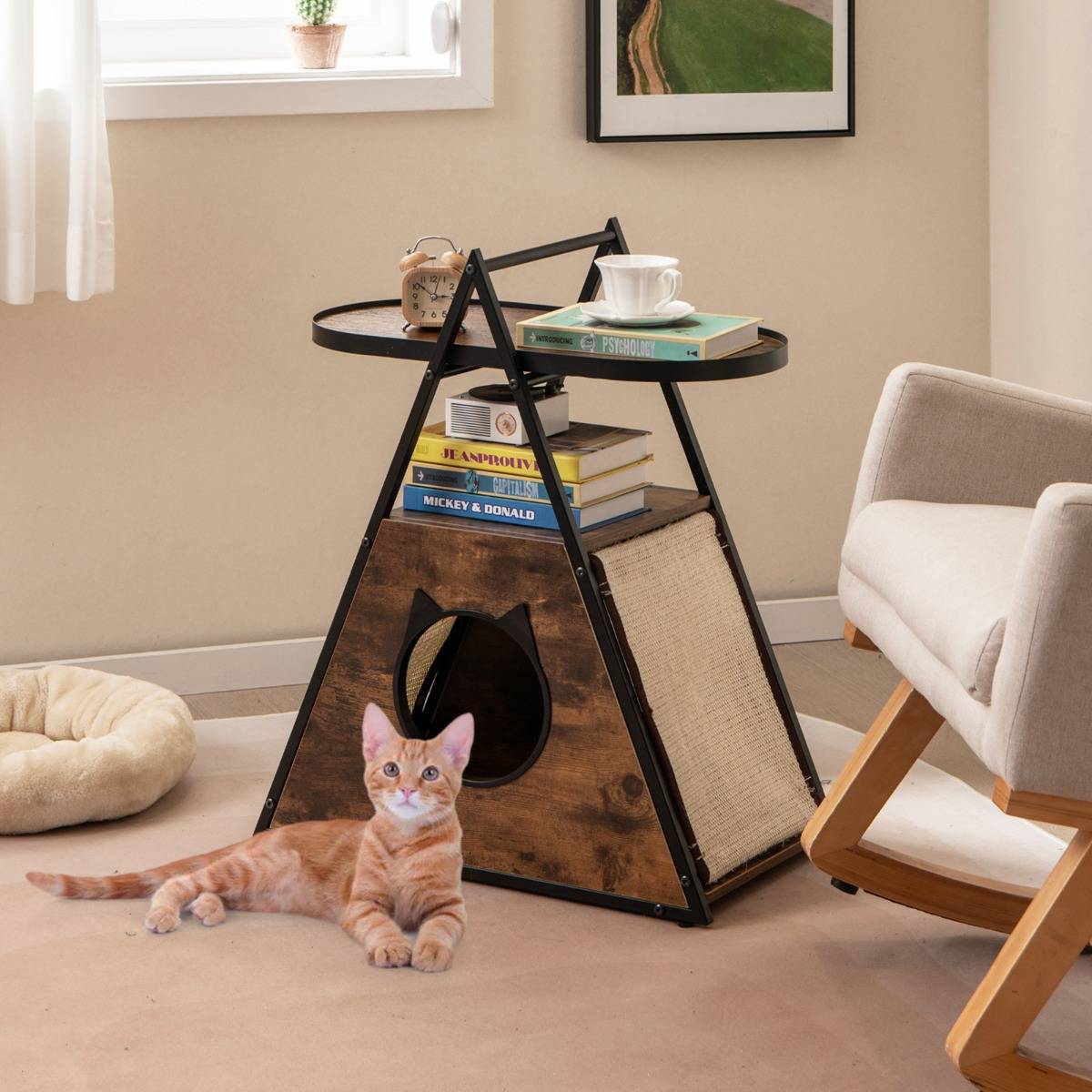 Meuble pour Chat Armoire Cachée avec Niche pour Chat et Table d'Appoint Table de Nuit pour Chat avec Étagère Ouverte à 2 Niveaux - Image 2