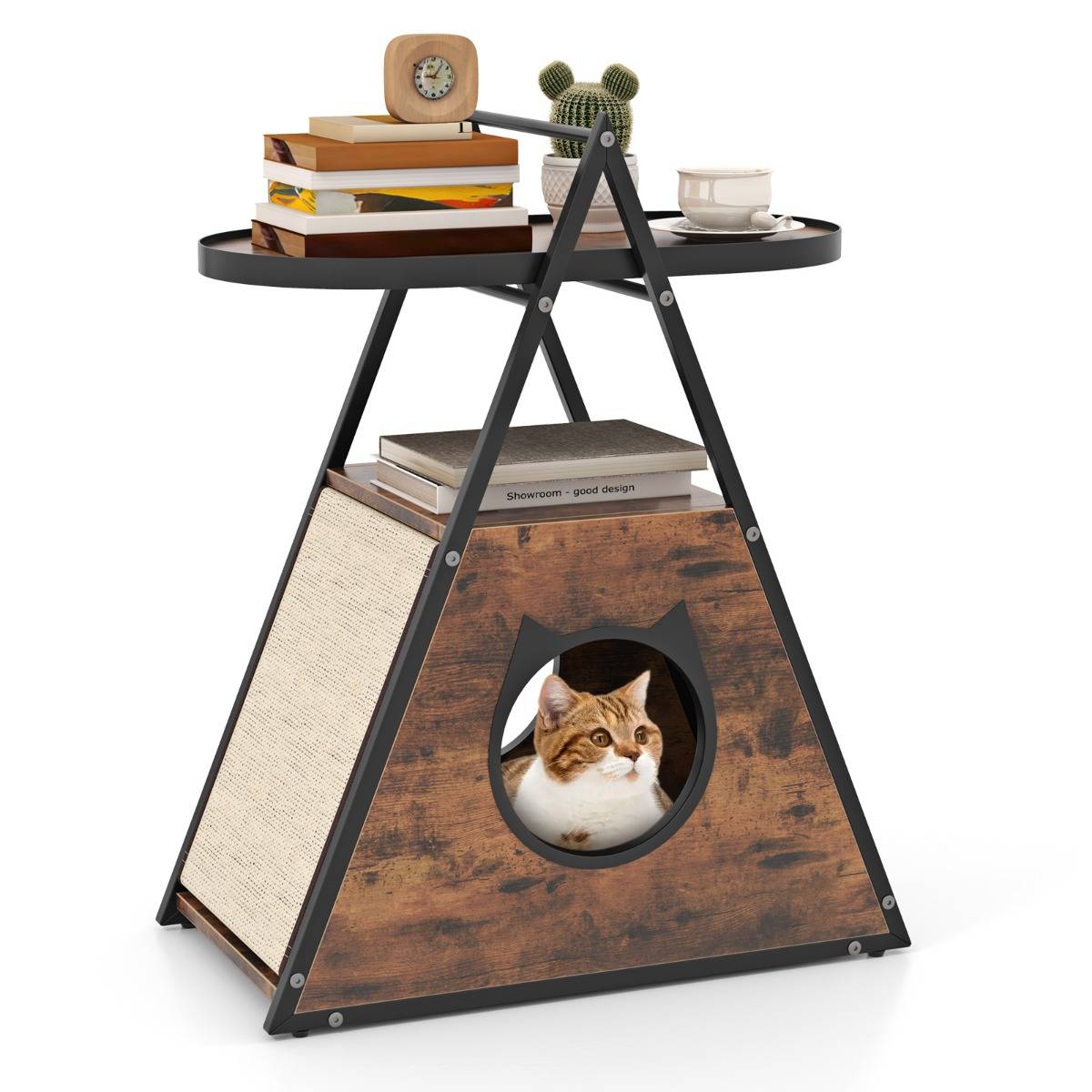Meuble pour Chat Armoire Cachée avec Niche pour Chat et Table d'Appoint Table de Nuit pour Chat avec Étagère Ouverte à 2 Niveaux - Image 5