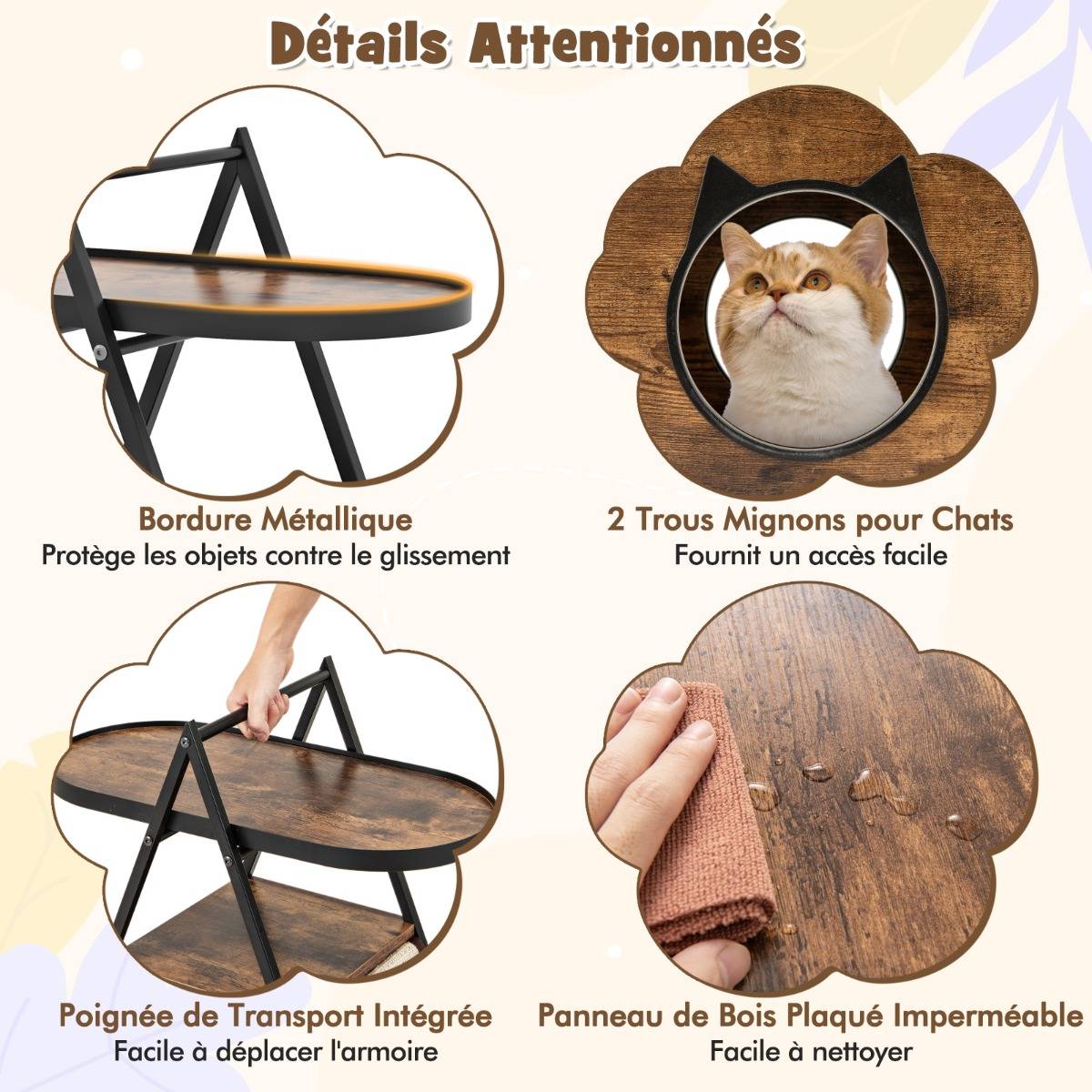 Meuble pour Chat Armoire Cachée avec Niche pour Chat et Table d'Appoint Table de Nuit pour Chat avec Étagère Ouverte à 2 Niveaux - Image 6