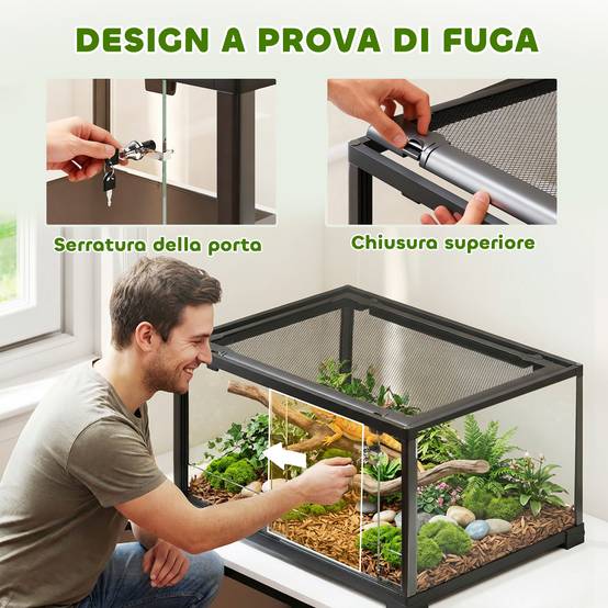 Terrarium surélevé pour reptiles avec double verrouillage et parois en verre, 60 x 45 x 32 cm, noir - Image 6