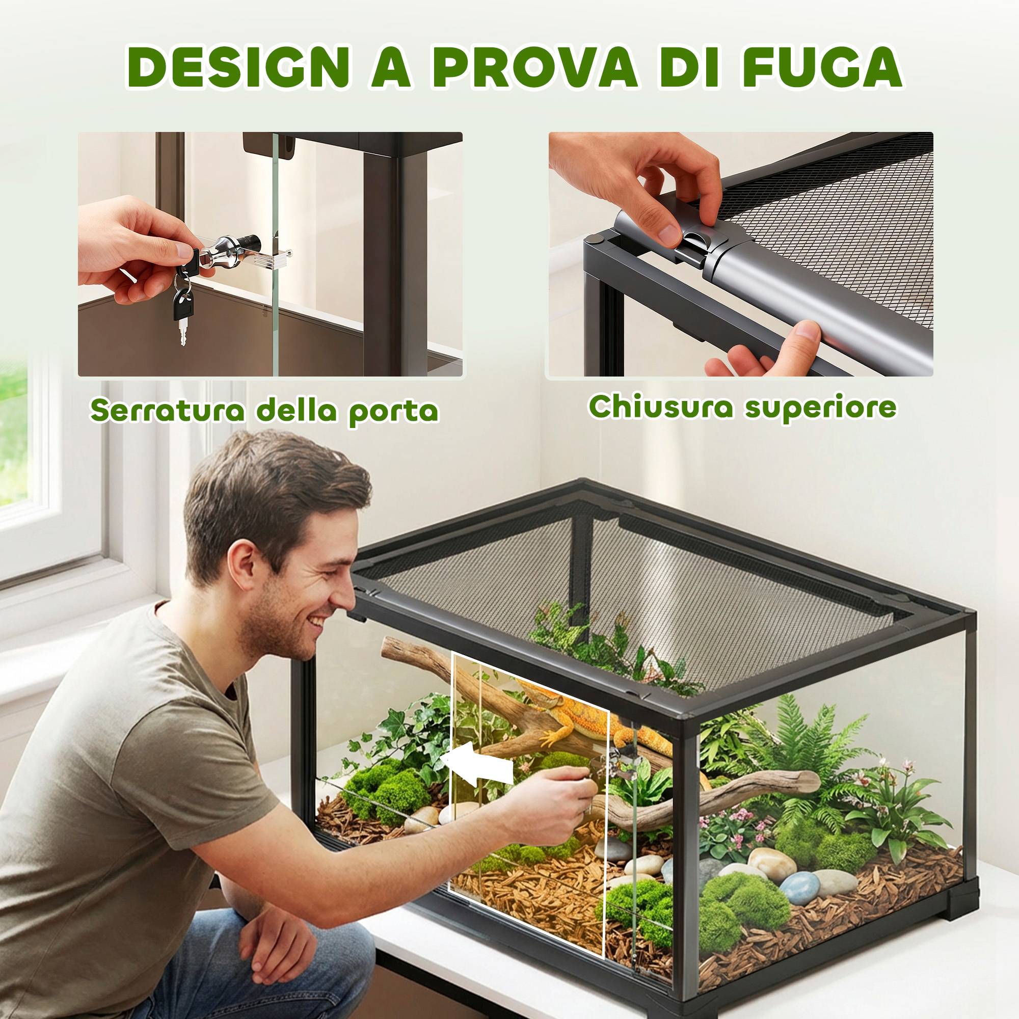 Terrarium surélevé pour reptiles avec double verrouillage et parois en verre, 60 x 45 x 32 cm, noir - Image 6