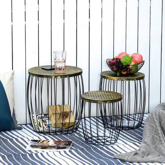 Lot 3 tables d'appoint empilables métal rotin pour jardin rangement intégré noir - ComfortXL Outdoor Living - Image 4