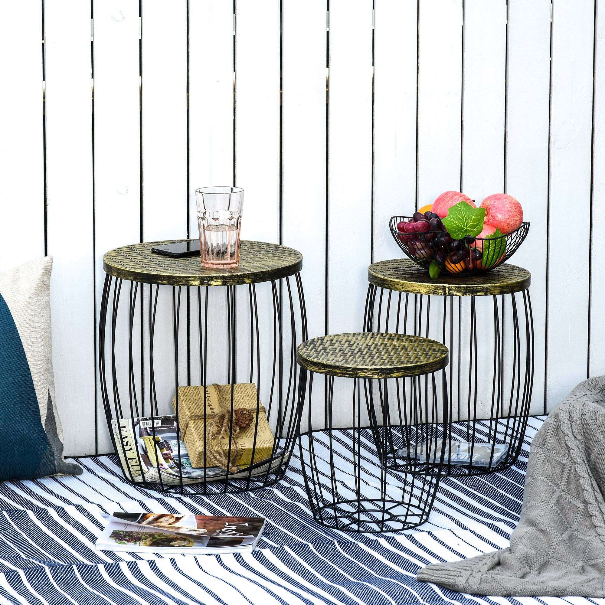 Lot 3 tables d'appoint empilables métal rotin pour jardin rangement intégré noir - ComfortXL Outdoor Living - Image 4