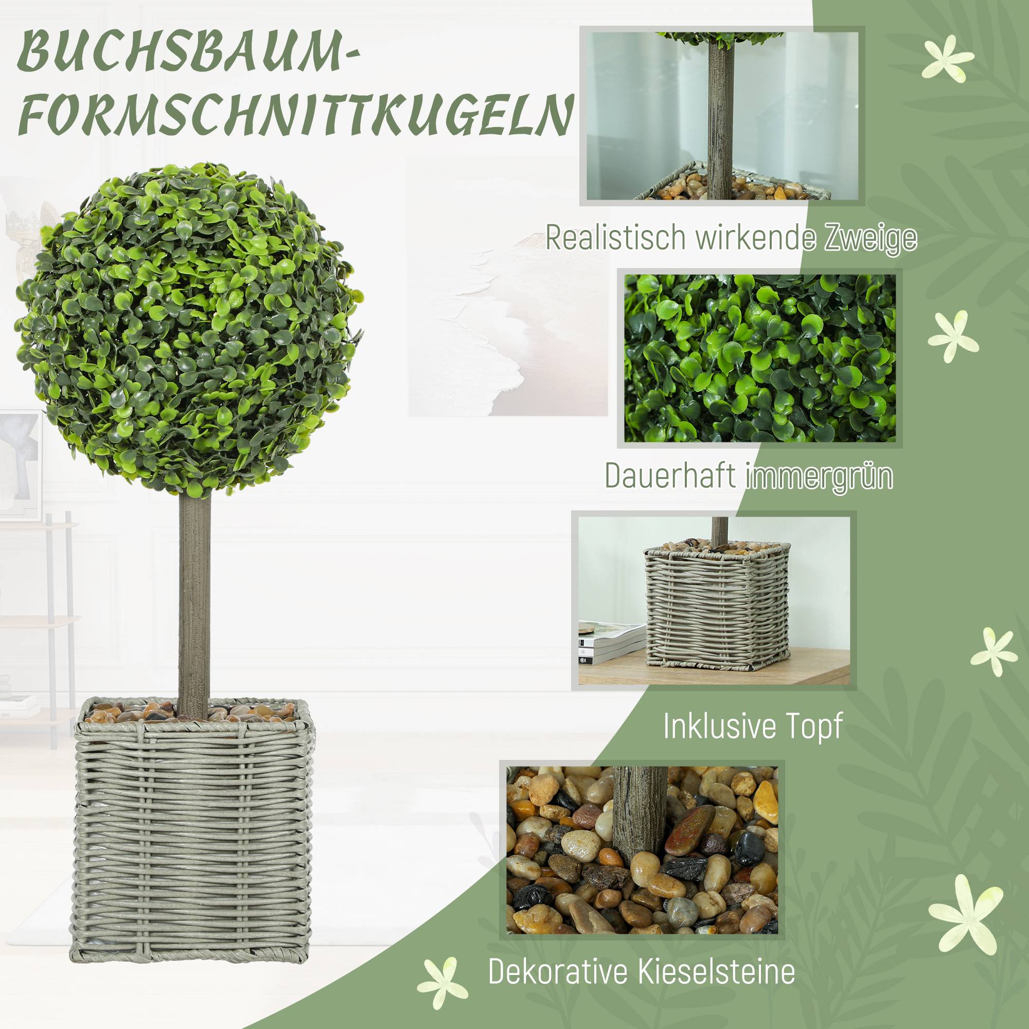 Lot de 2 Buis Artificiels Boule Pot Tressé Intérieur Extérieur Anti UV Vert 50cm - ComfortXL Outdoor Living - Image 6