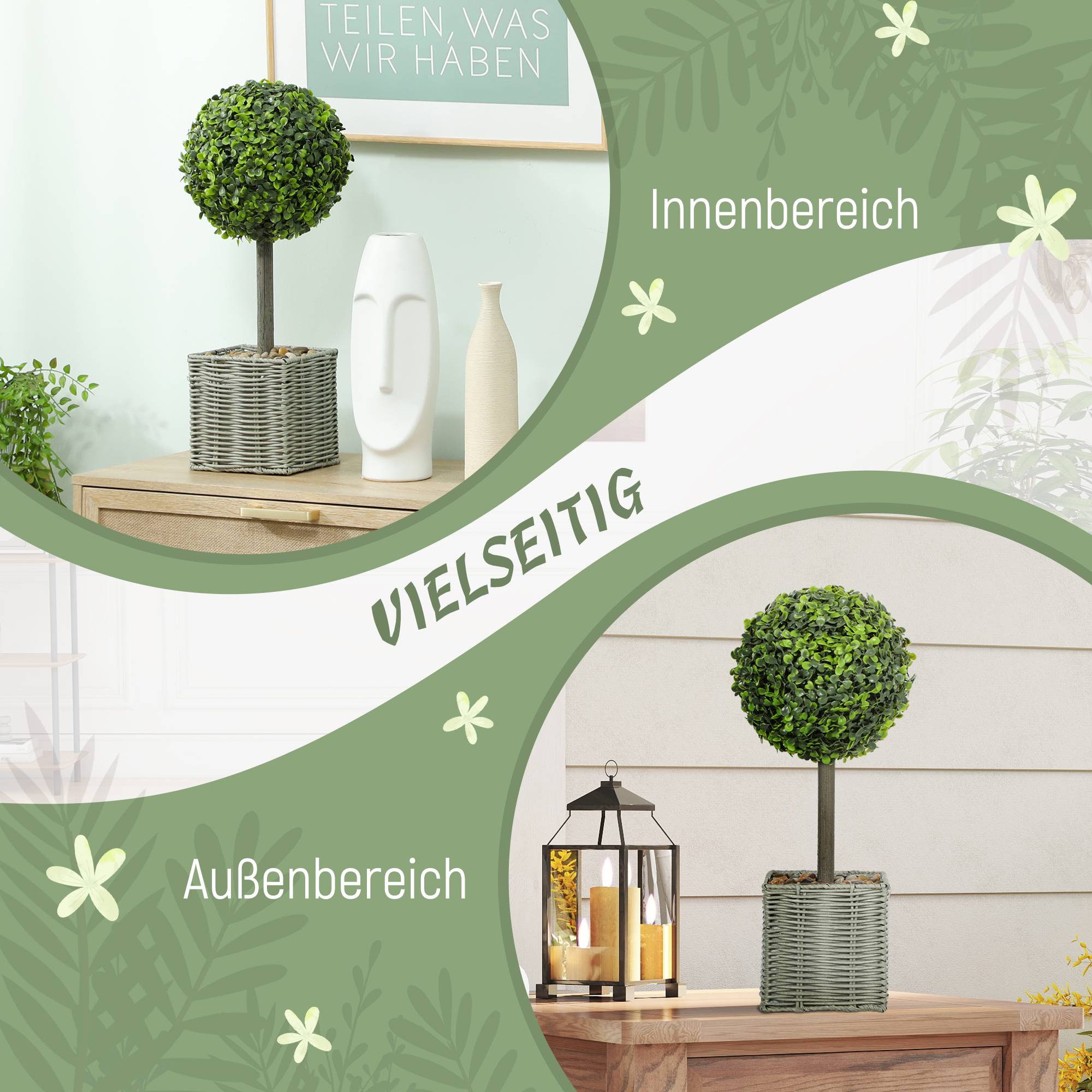 Lot de 2 Buis Artificiels Boule Pot Tressé Intérieur Extérieur Anti UV Vert 50cm - ComfortXL Outdoor Living - Image 7