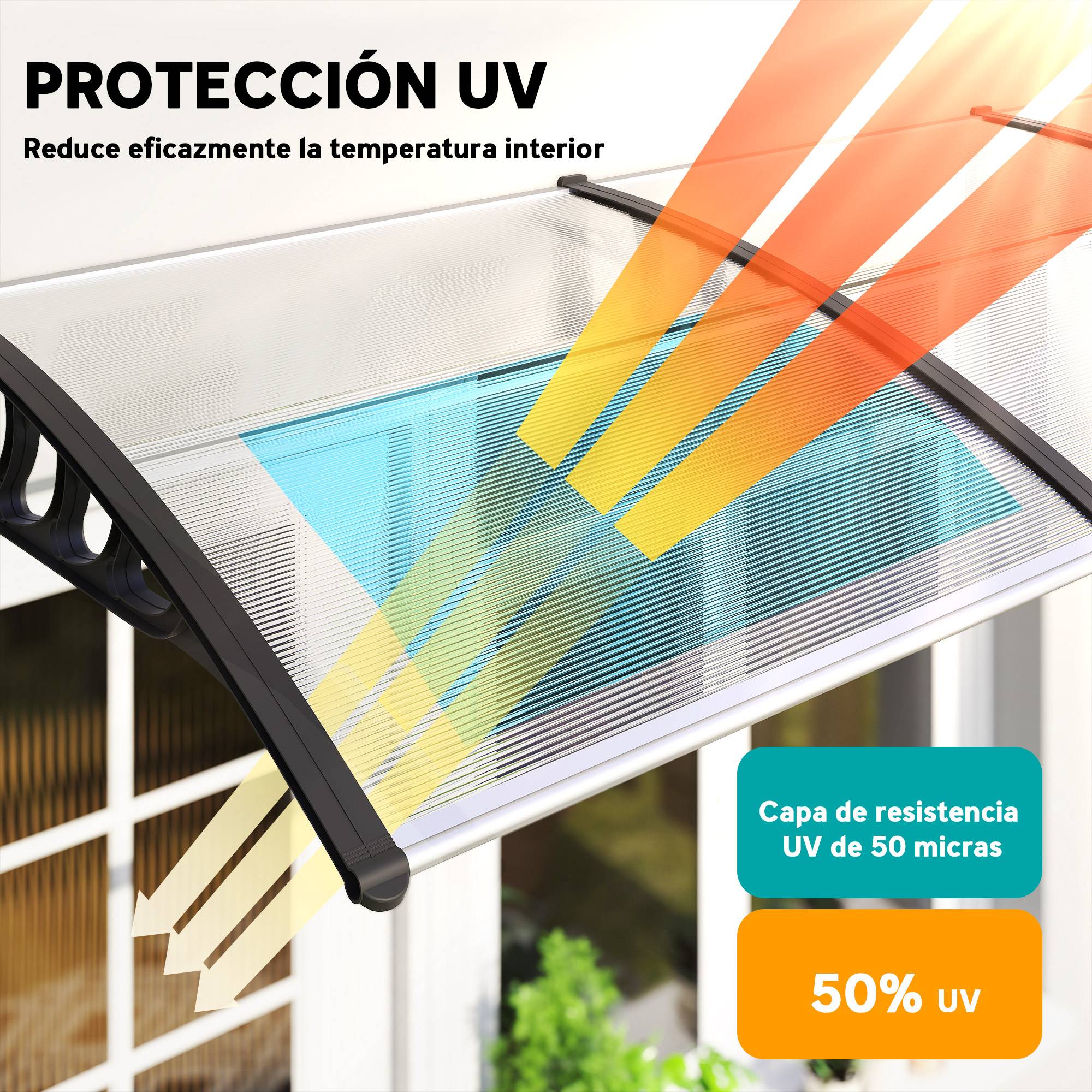 Auvent de protection extérieur 200 x 96 x 27 cm pour portes et fenêtres, contre le soleil et la pluie, transparent - Image 6