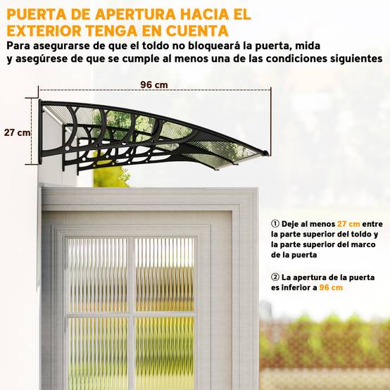 Auvent de protection extérieur 200 x 96 x 27 cm pour portes et fenêtres, contre le soleil et la pluie, transparent - Image 9