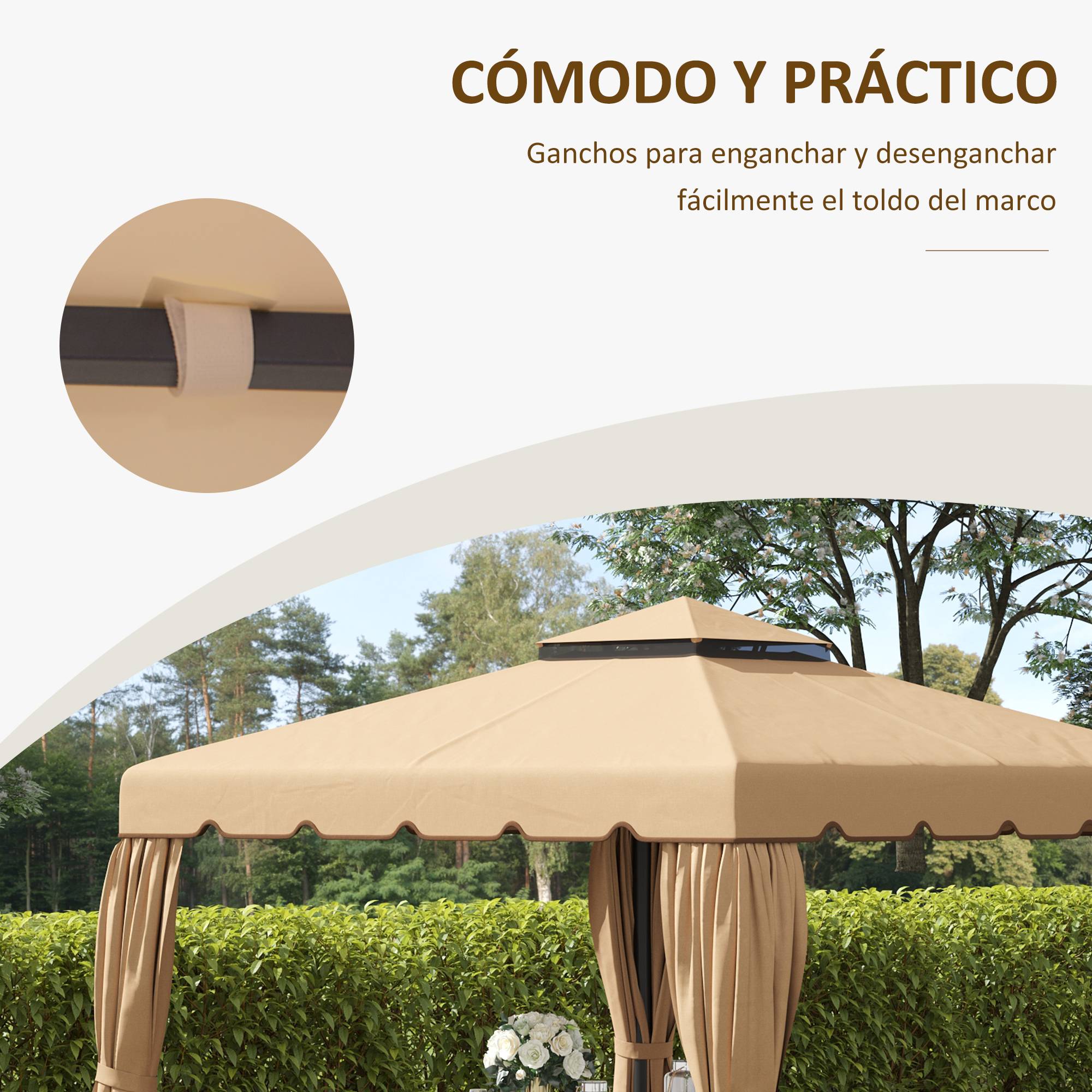 Toit de rechange pour cenador 3x3 m, housse double toit et 8 trous de drainage, kaki - Image 8