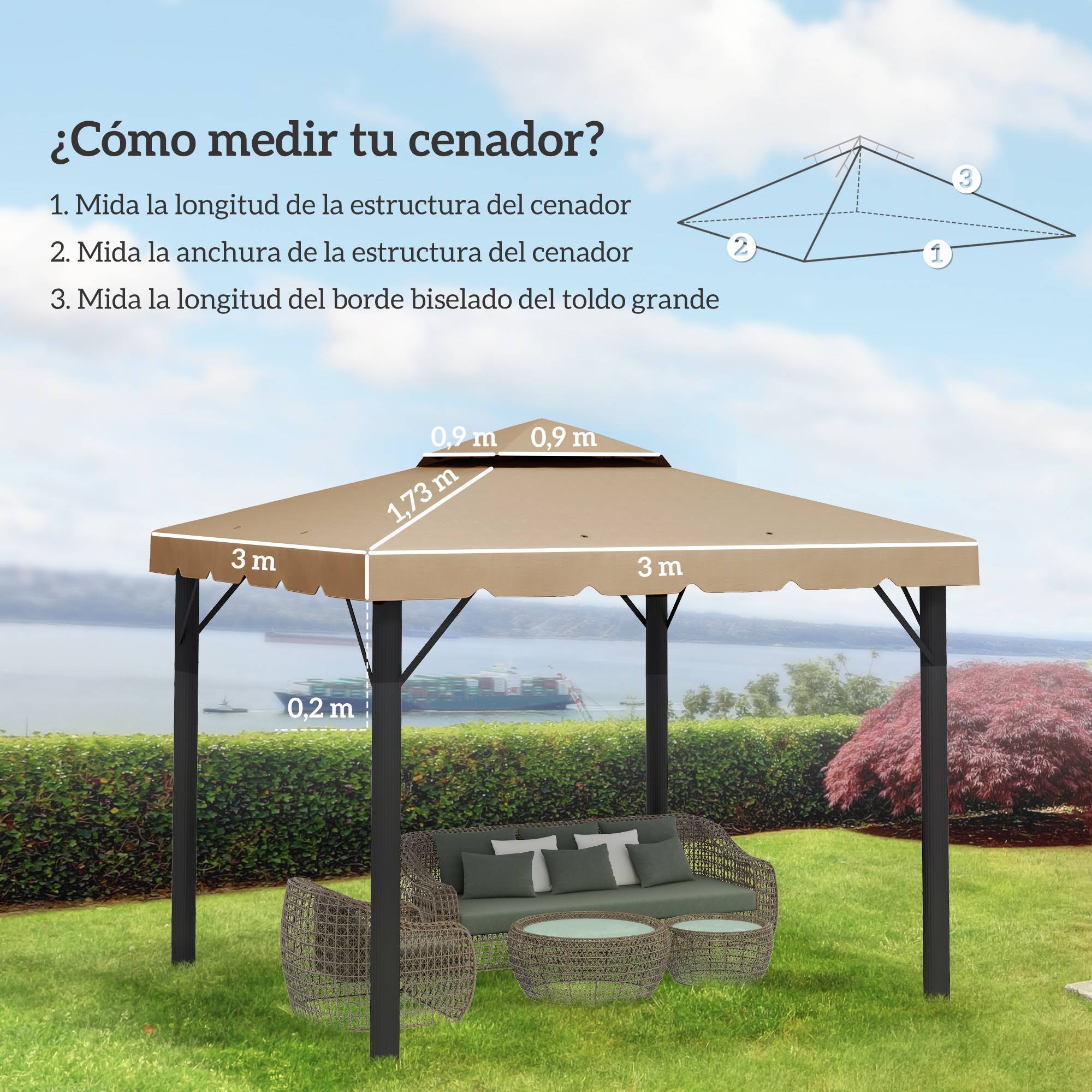 Toit de rechange pour cenador 3x3 m, housse double toit et 8 trous de drainage, kaki - Image 5