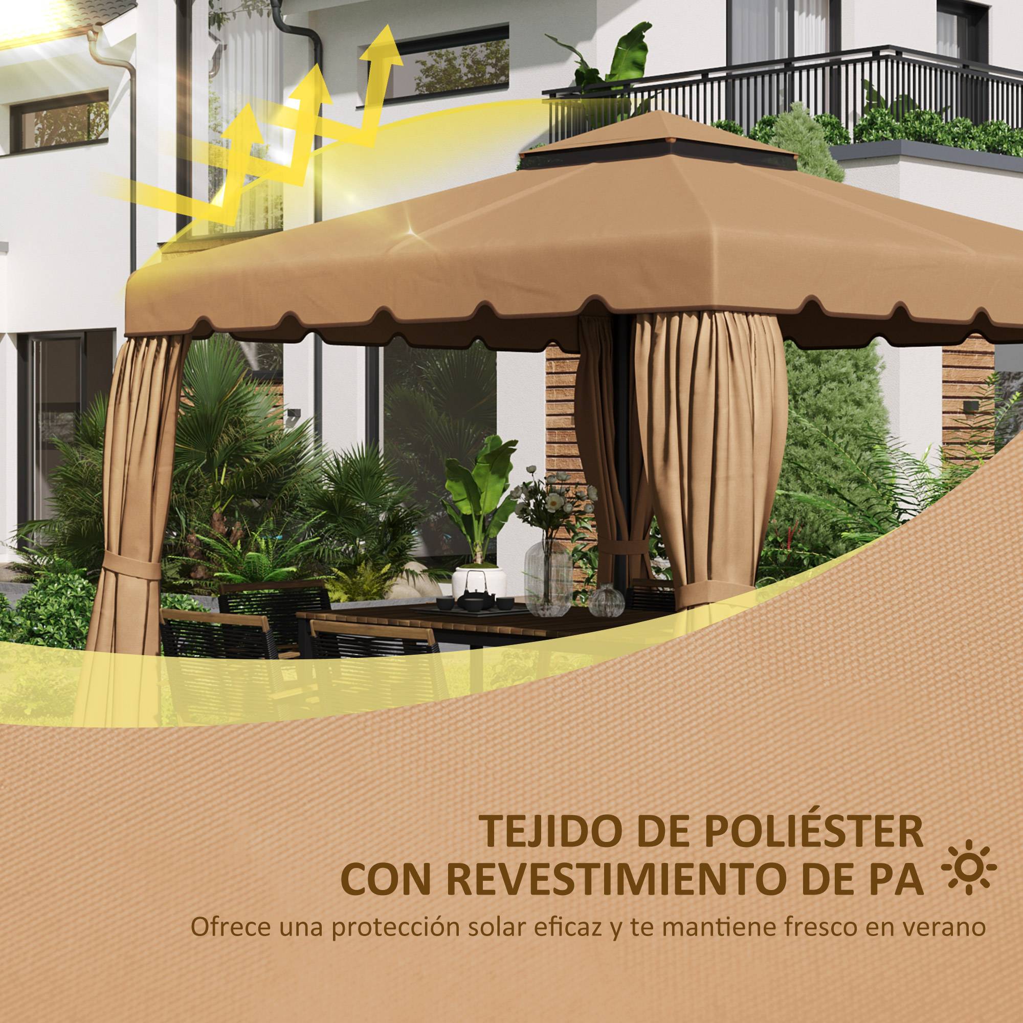 Toit de rechange pour cenador 3x3 m, housse double toit et 8 trous de drainage, kaki - Image 6