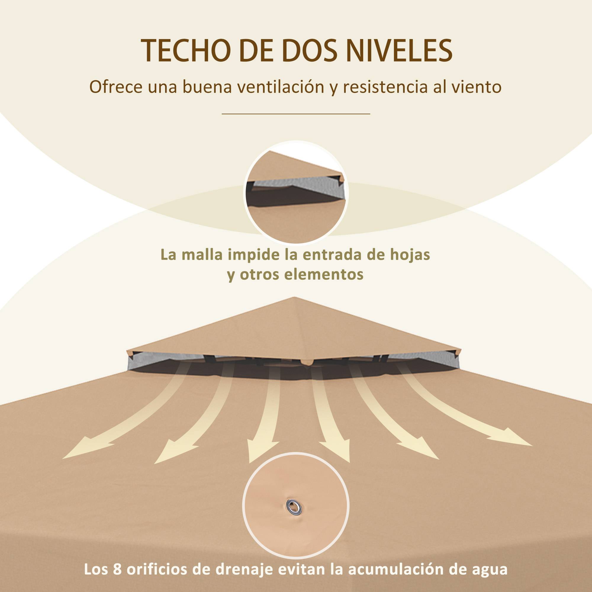 Toit de rechange pour cenador 3x3 m, housse double toit et 8 trous de drainage, kaki - Image 7