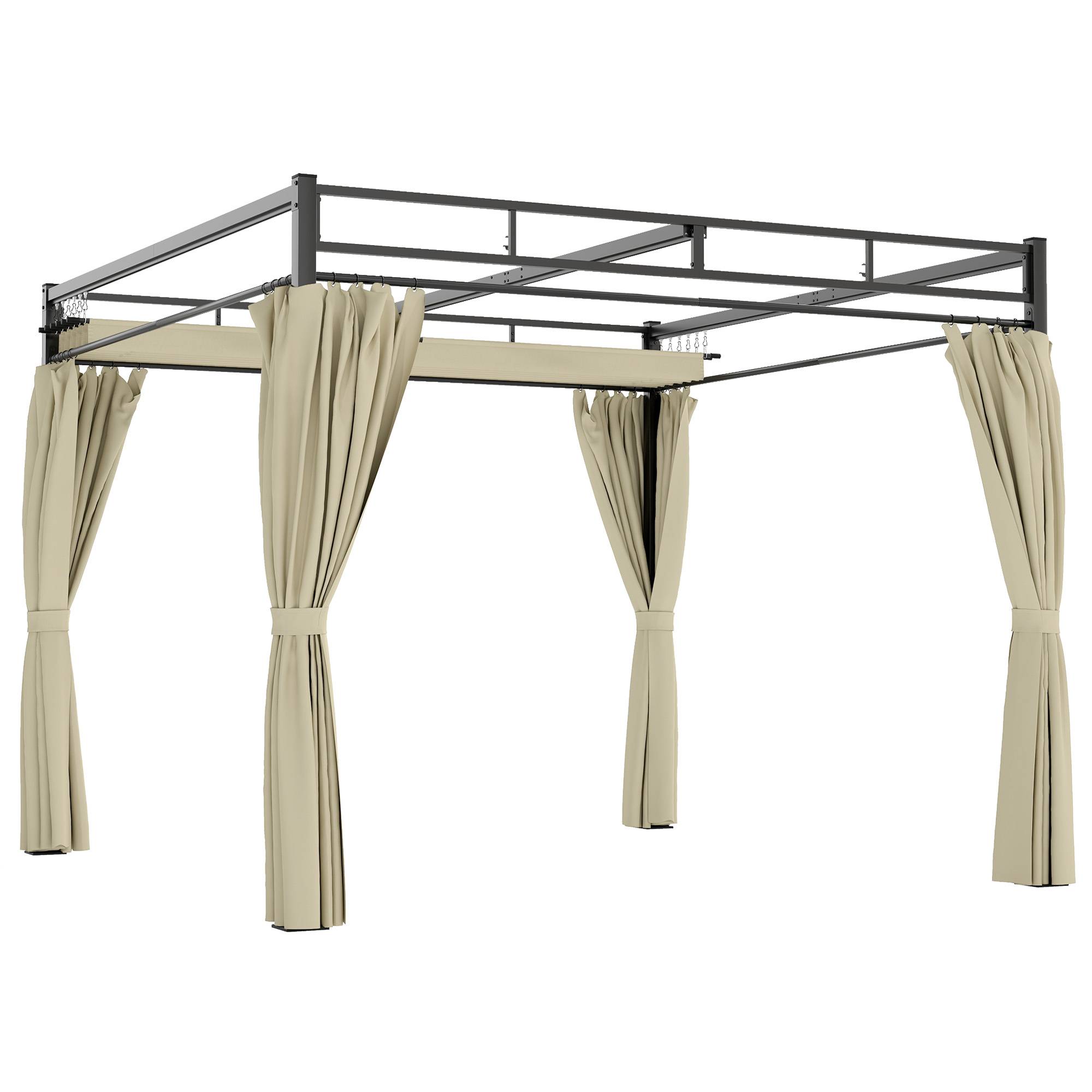 Pergola de Jardin Acier pour Terrasse Toit Rétractable et Rideaux 3x3m Beige - ComfortXL Outdoor Living - Image 1