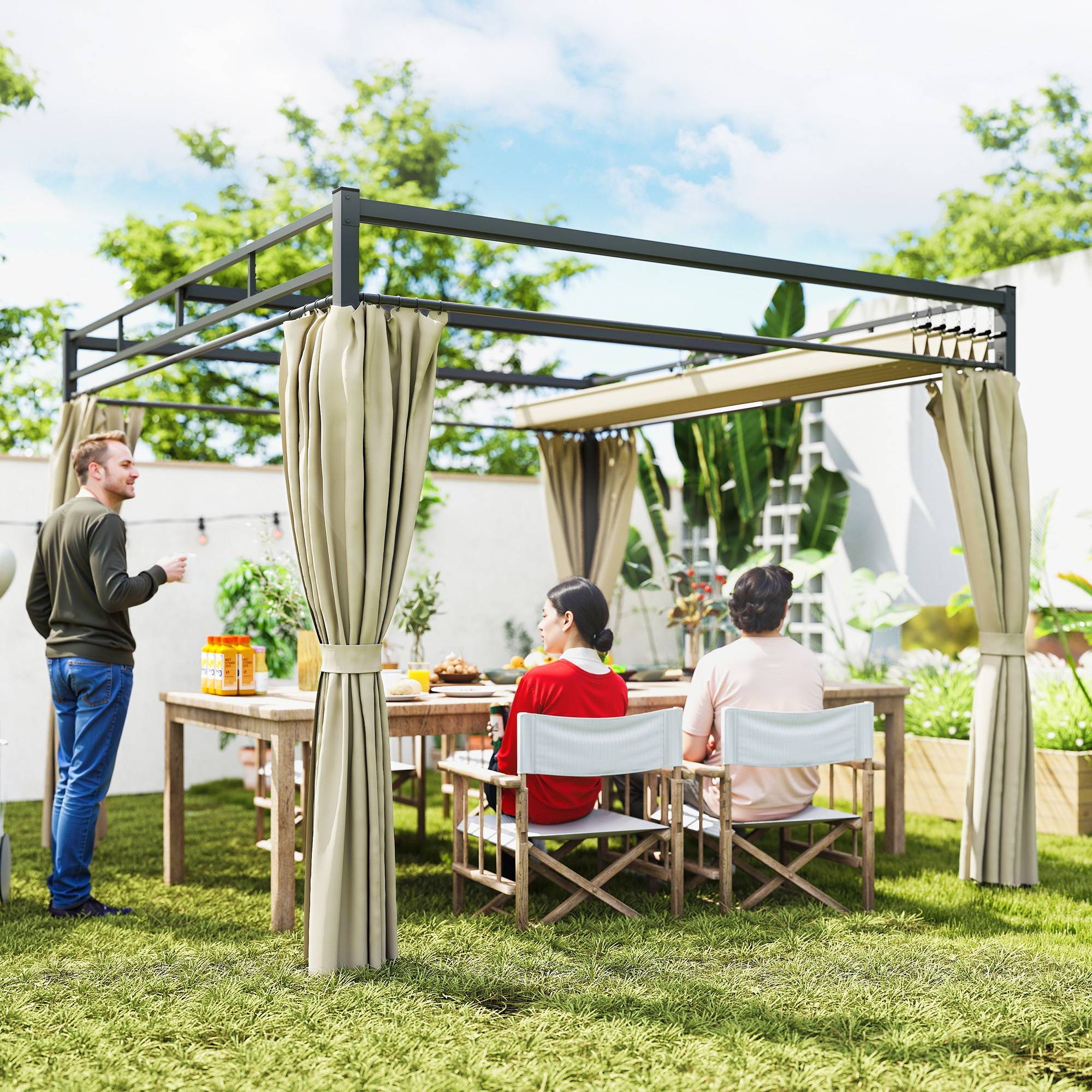 Pergola de Jardin Acier pour Terrasse Toit Rétractable et Rideaux 3x3m Beige - ComfortXL Outdoor Living - Image 4