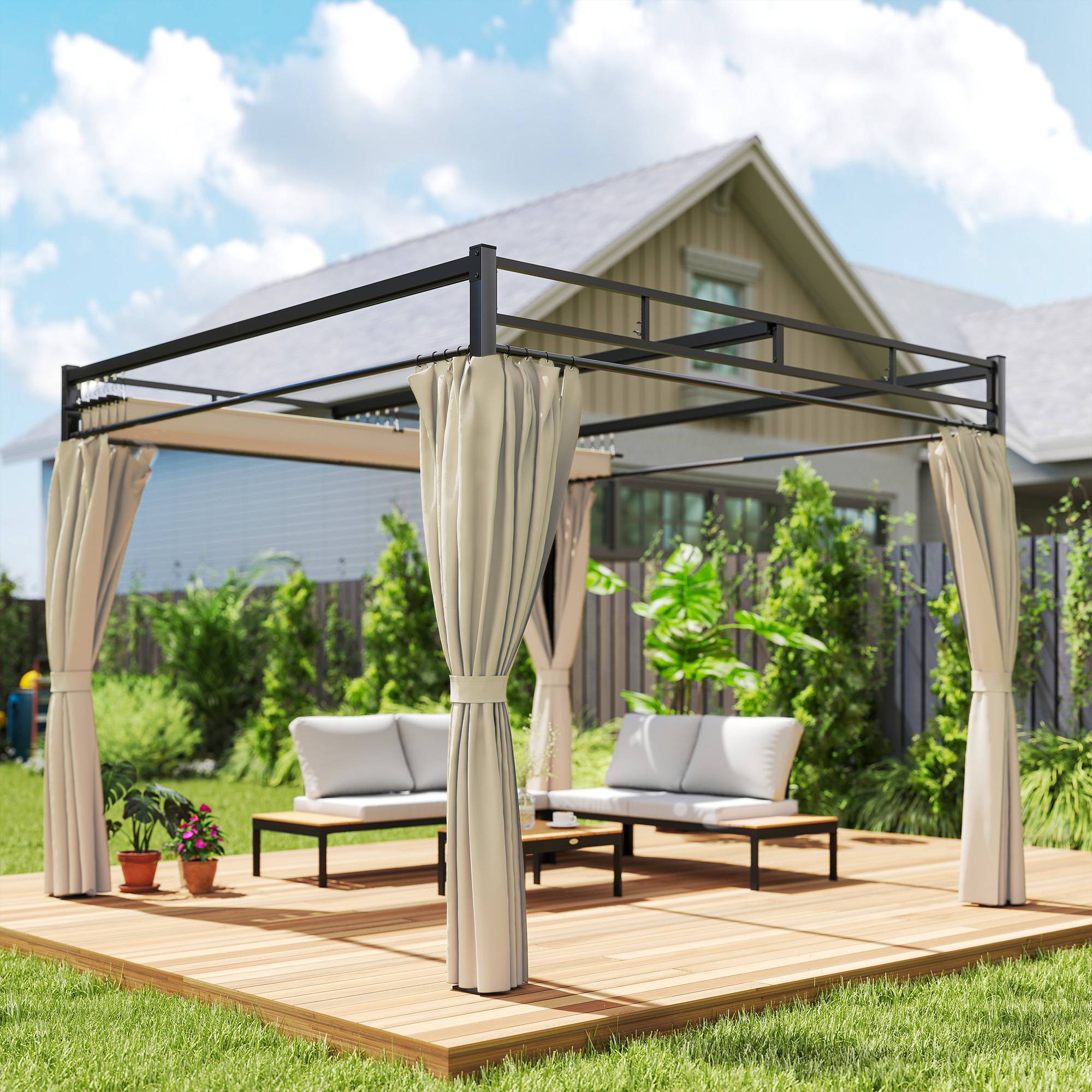 Pergola de Jardin Acier pour Terrasse Toit Rétractable et Rideaux 3x3m Beige - ComfortXL Outdoor Living - Image 10