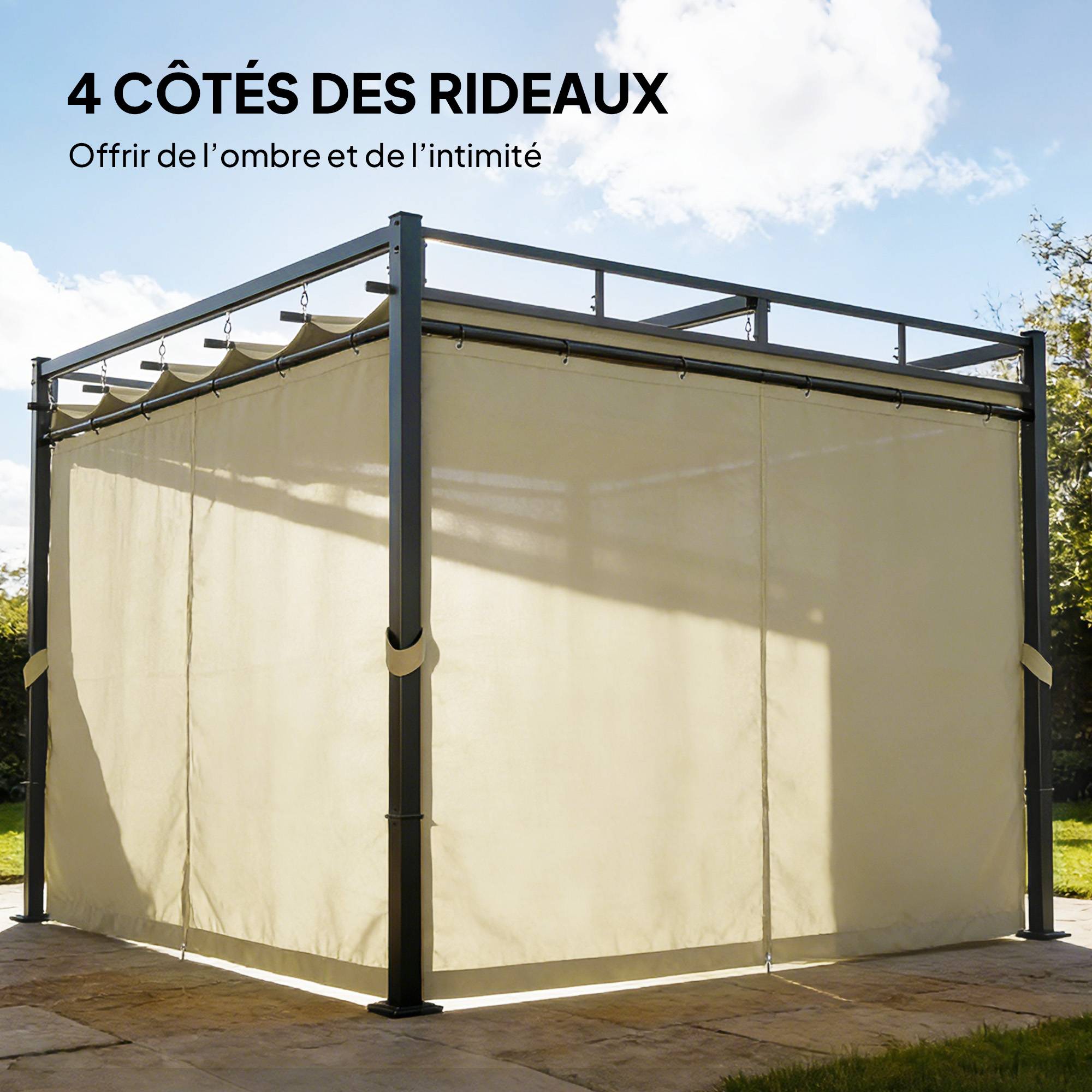 Pergola de Jardin Acier pour Terrasse Toit Rétractable et Rideaux 3x3m Beige - ComfortXL Outdoor Living - Image 7