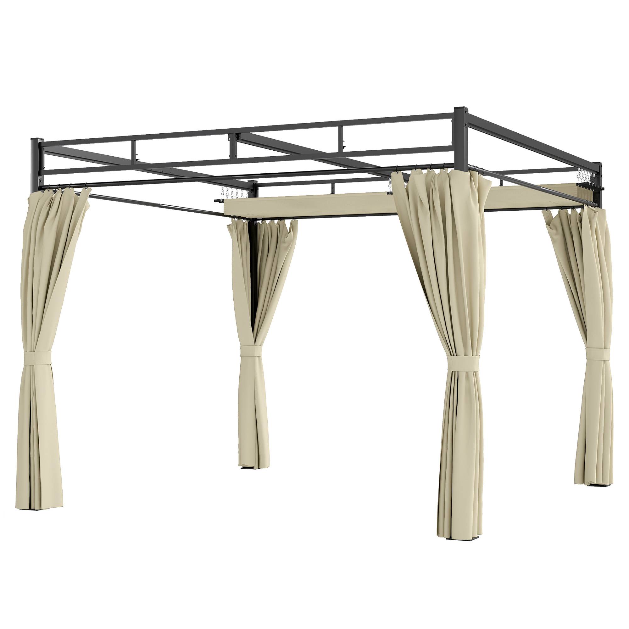 Pergola de Jardin Acier pour Terrasse Toit Rétractable et Rideaux 3x3m Beige - ComfortXL Outdoor Living - Image 2