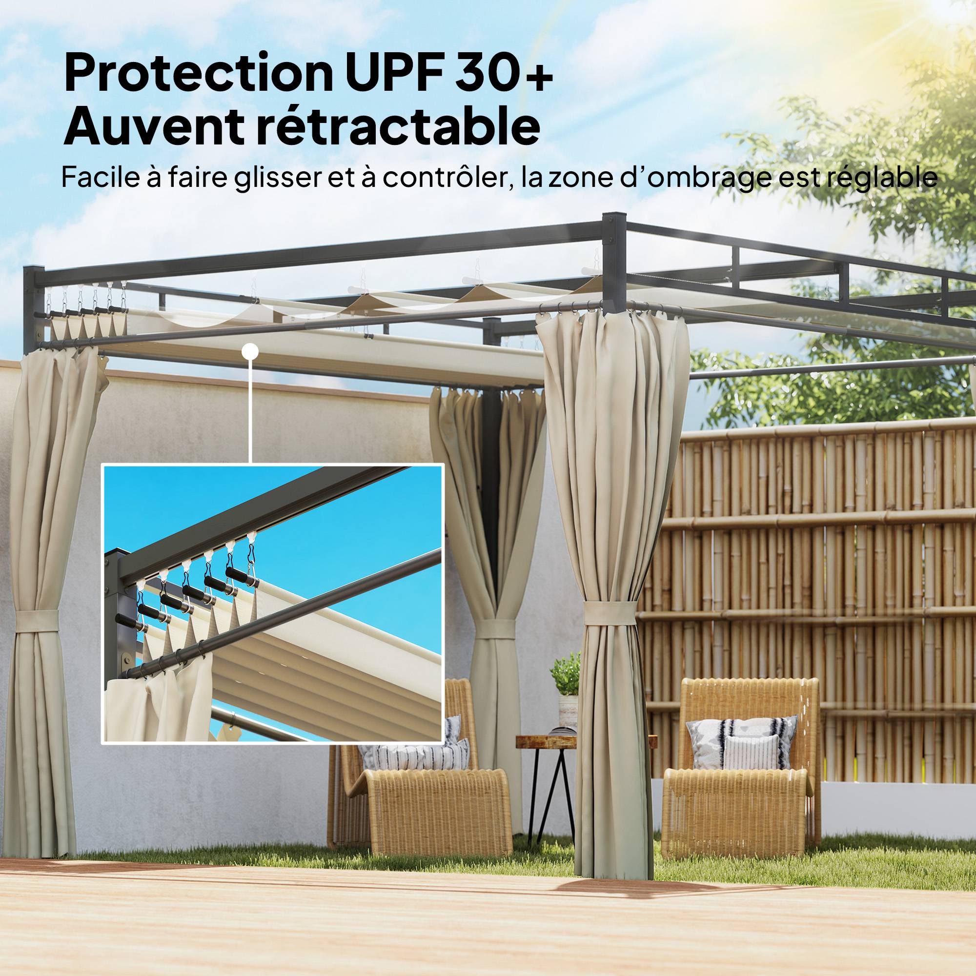 Pergola de Jardin Acier pour Terrasse Toit Rétractable et Rideaux 3x3m Beige - ComfortXL Outdoor Living - Image 6
