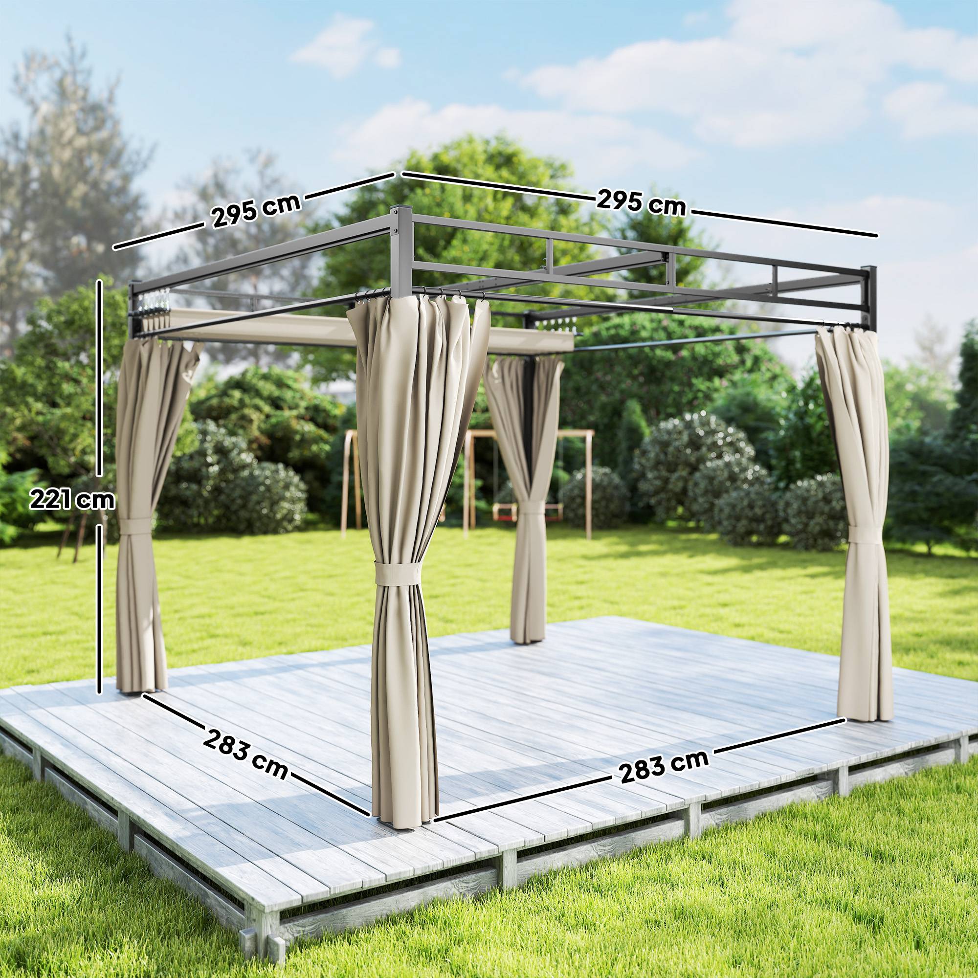 Pergola de Jardin Acier pour Terrasse Toit Rétractable et Rideaux 3x3m Beige - ComfortXL Outdoor Living - Image 5
