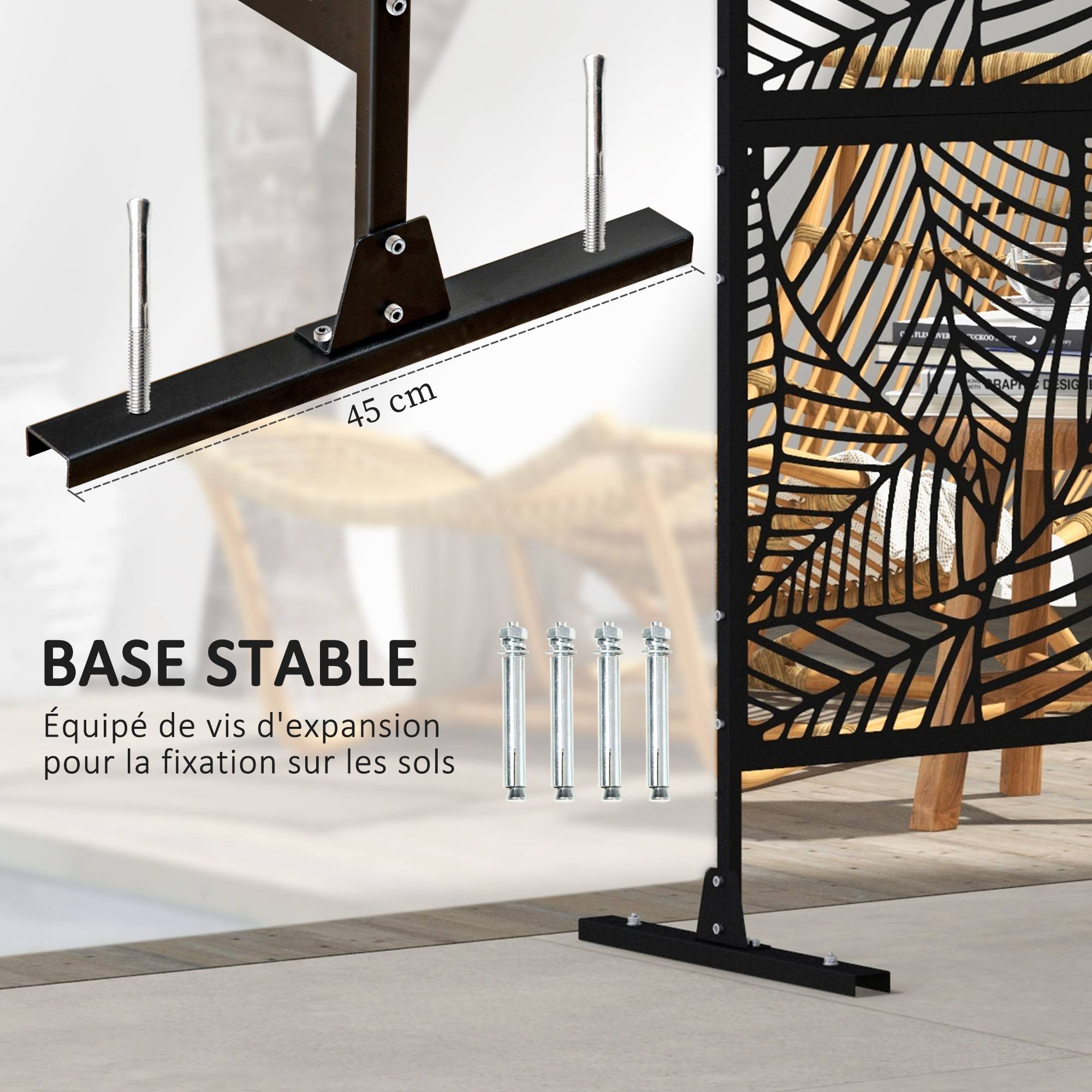 Panneau brise vue décoratif paravent extérieur noir à motif végétal en métal - 122 x 45 x 198 cm, noir - Image 7