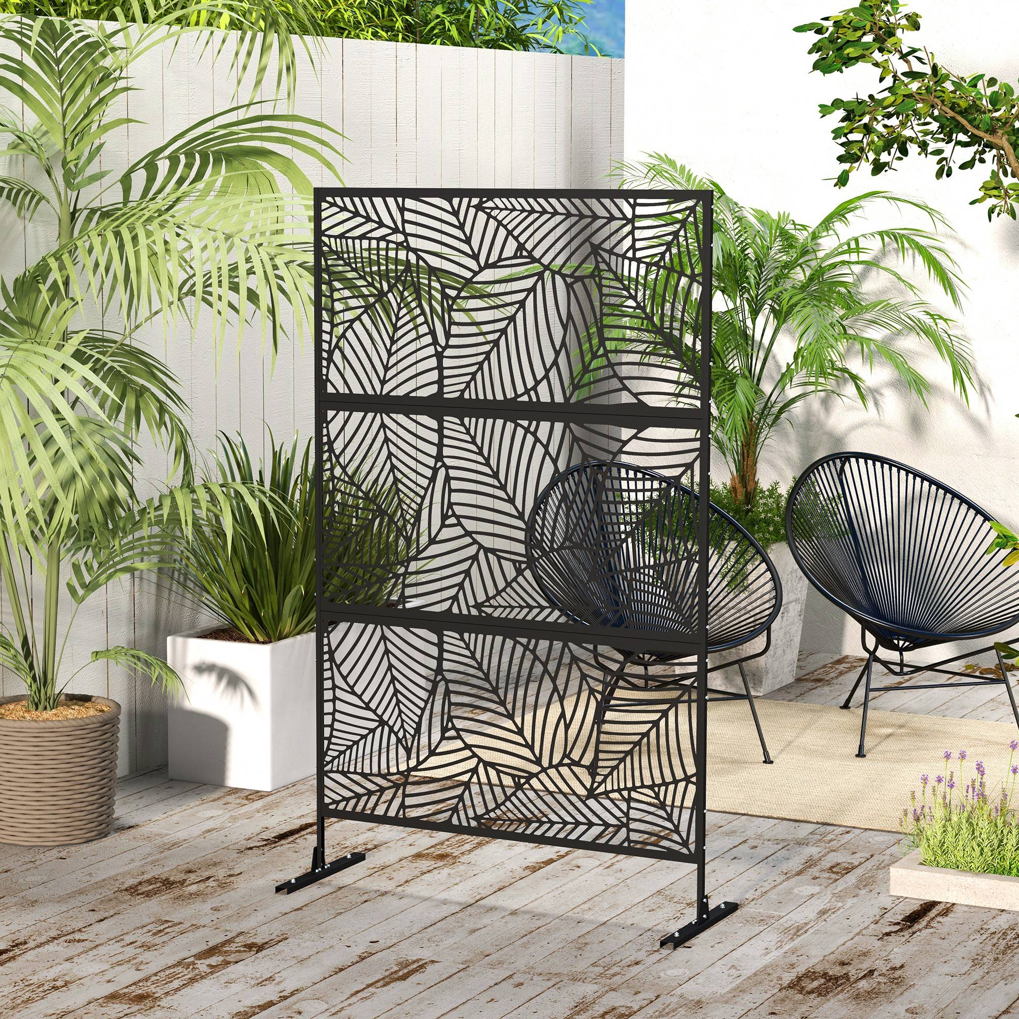 Panneau brise vue décoratif paravent extérieur noir à motif végétal en métal - 122 x 45 x 198 cm, noir - Image 4