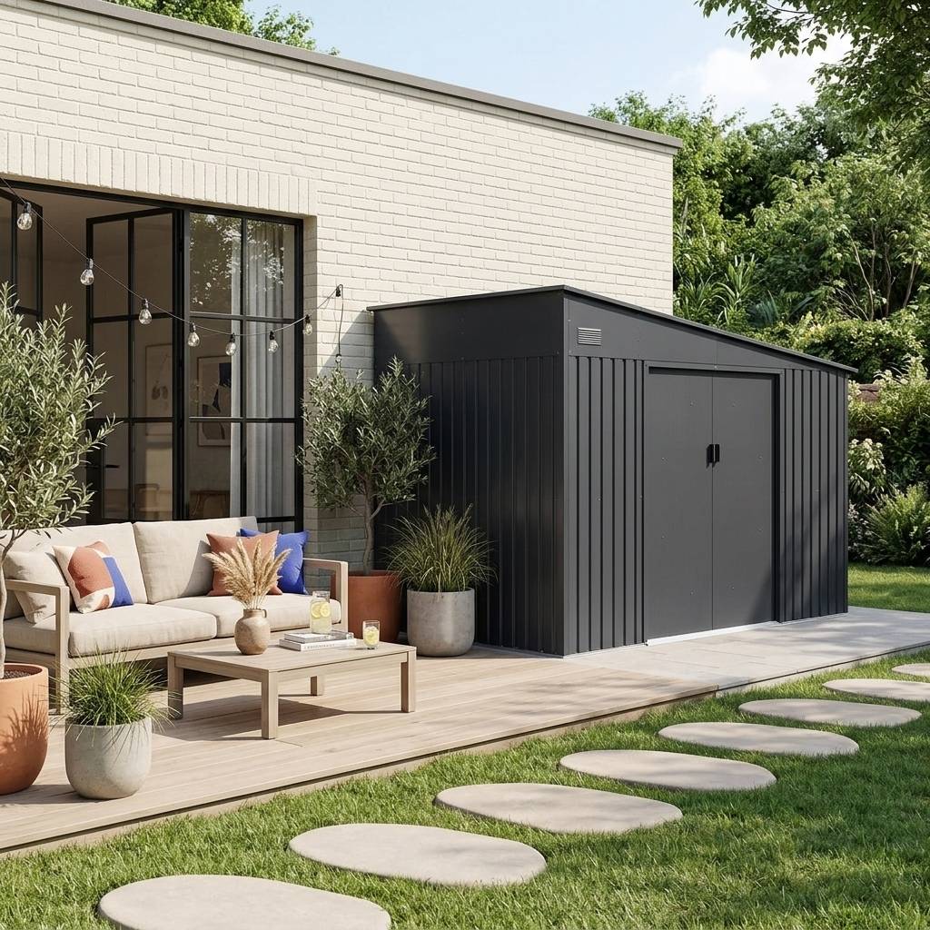 sweeek - Abri de jardin adossable acier galvanisé 11.01 m² avec kit d'ancrage anthracite - Santerre | sweeek